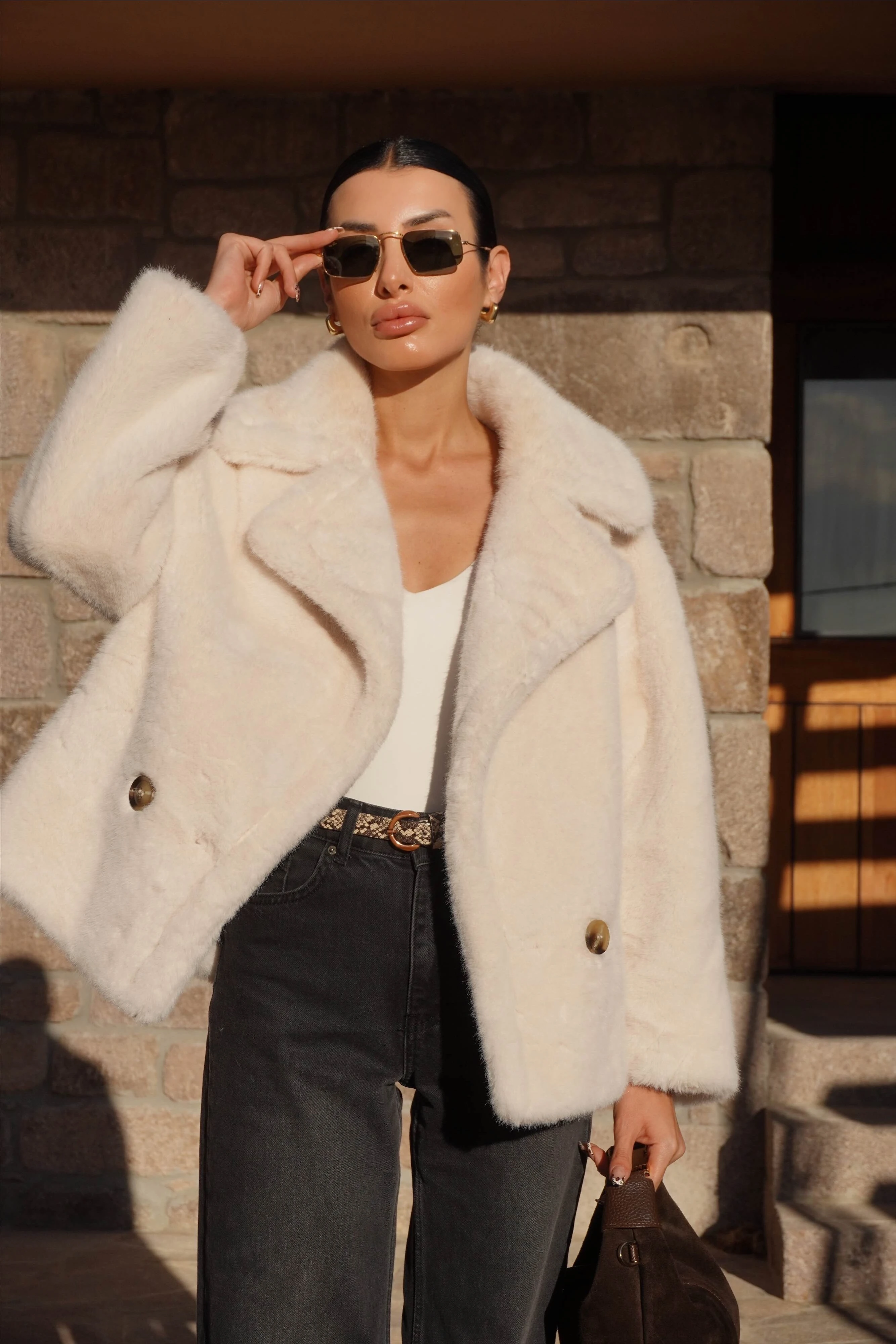 İthal Premium Ekru Peluş Ceket Kürk