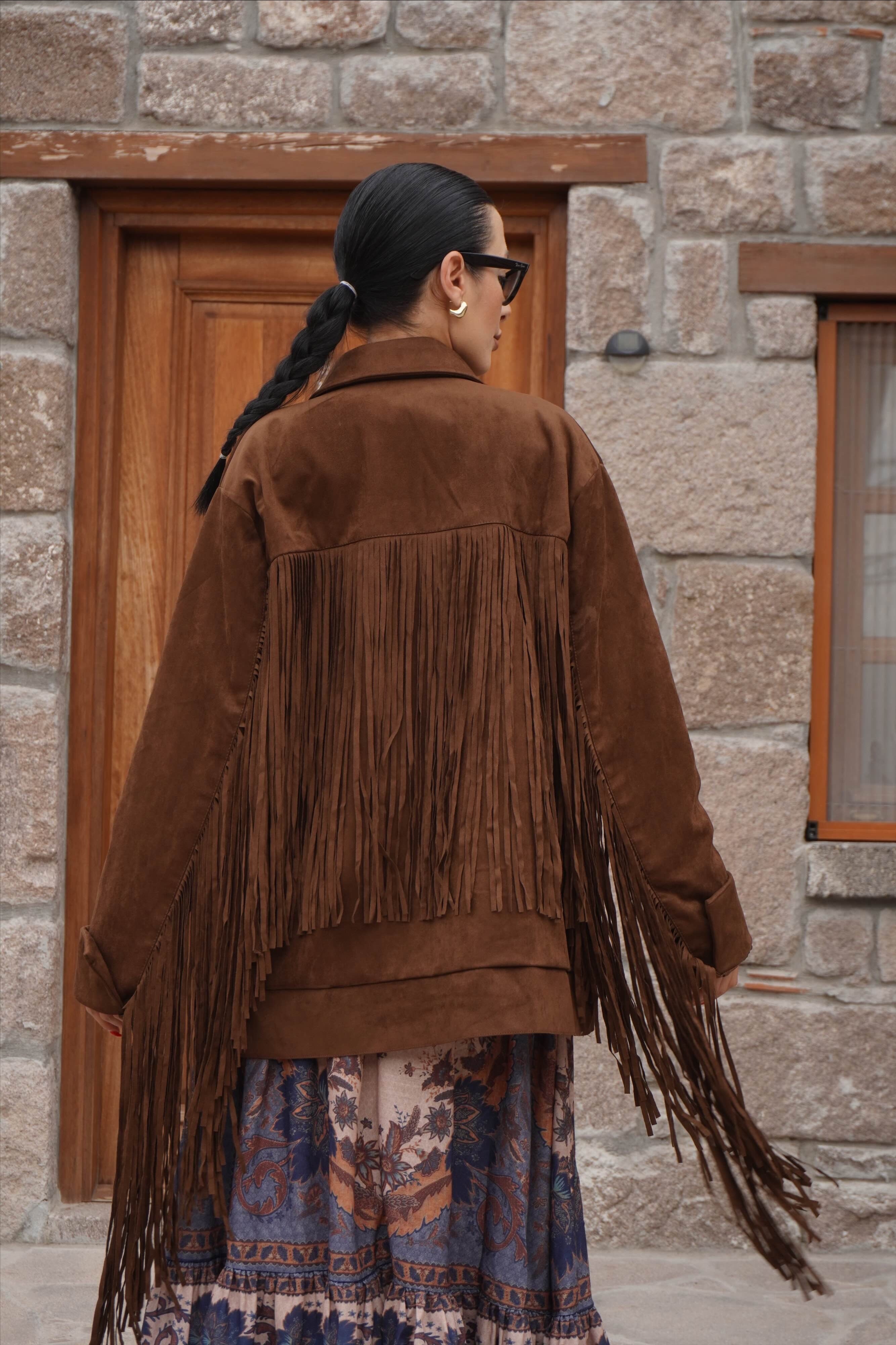 İthal Tasarım Premium Oversize Süet Dokulu Püsküllü Ceket