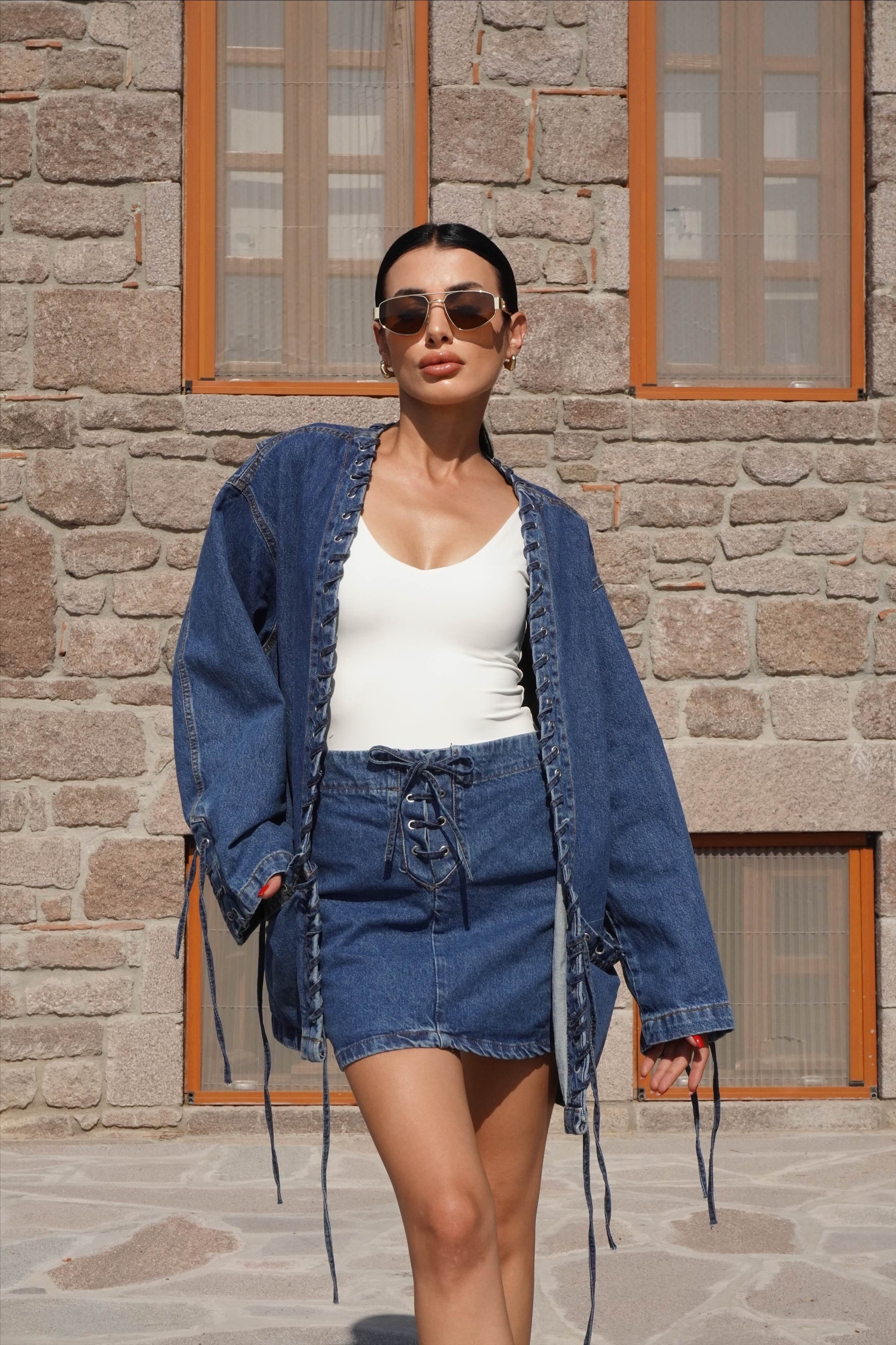 Kuşgözlü Denim Ceket Etek Takım