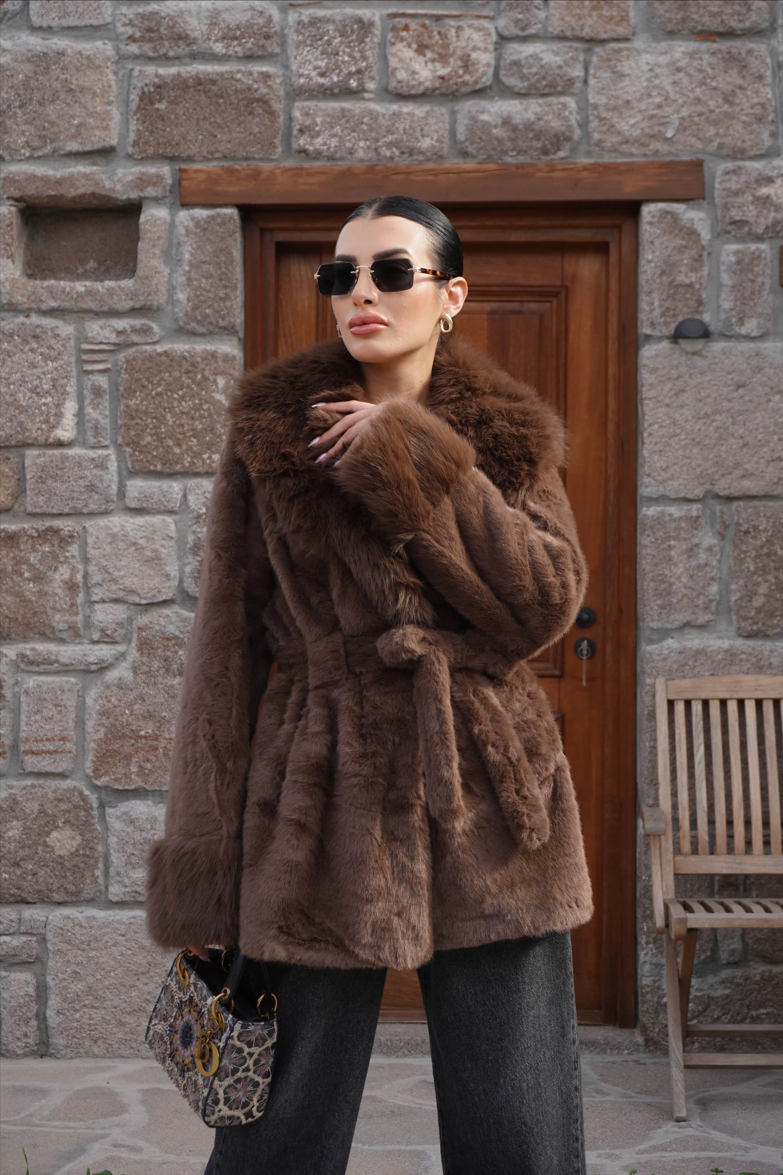 İthal Premium Kürk Yaka Kahverengi Peluş Kaban