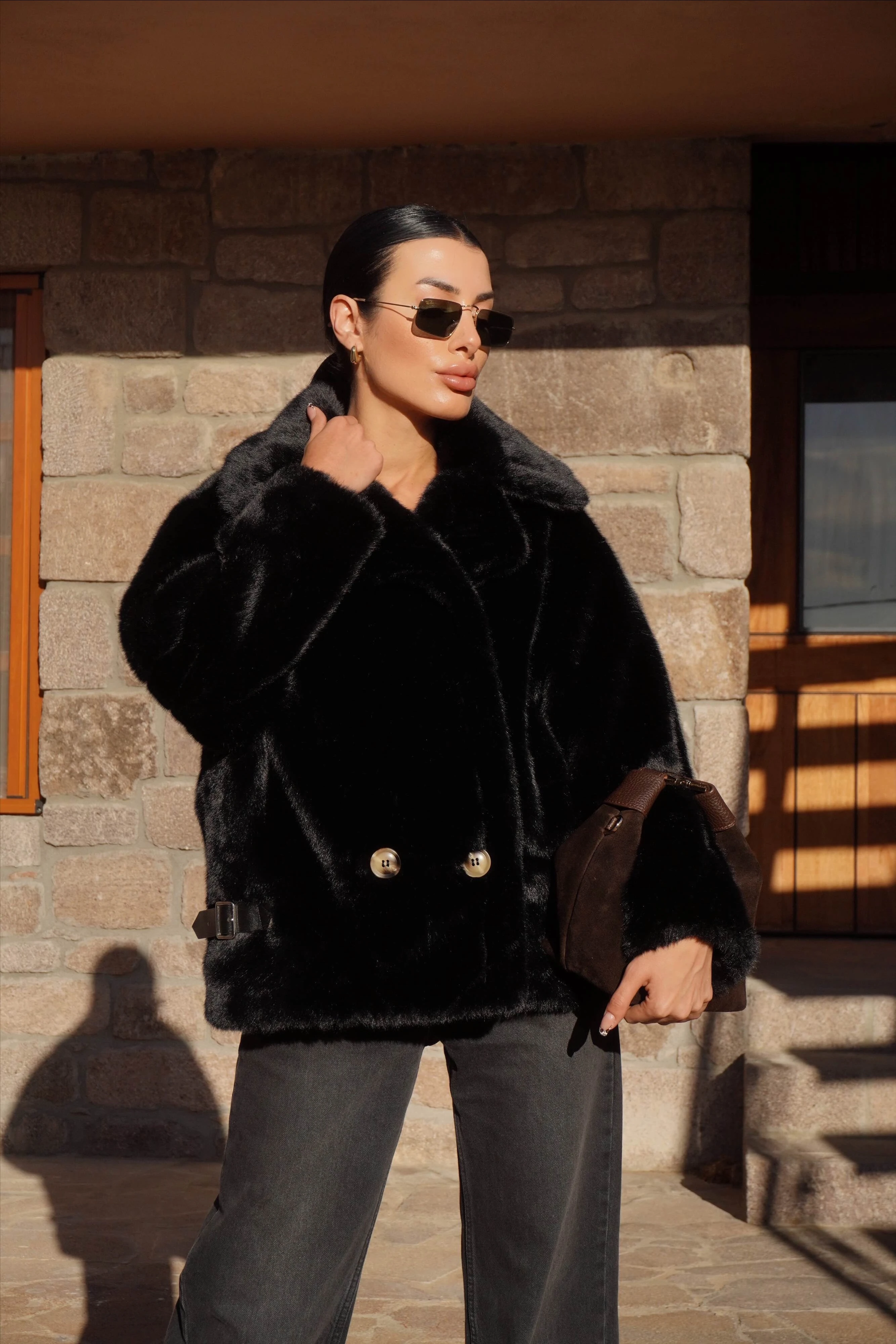 İthal Premium Siyah Peluş Ceket Kürk