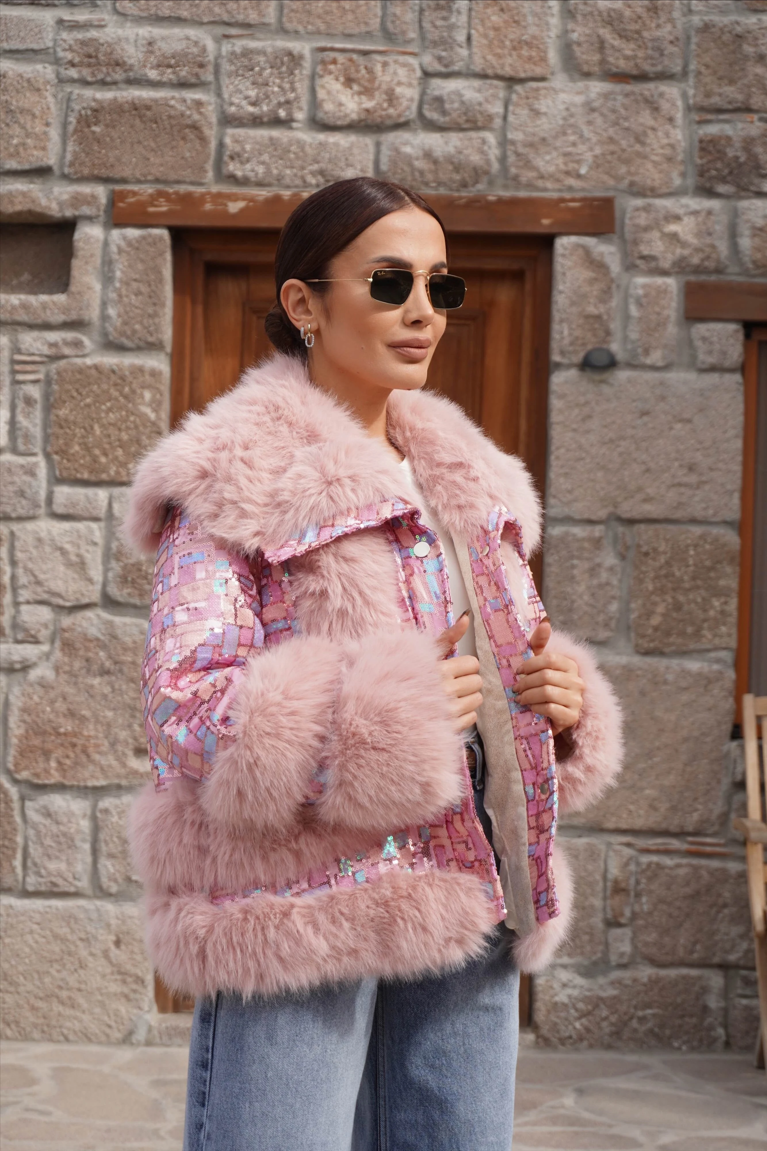 İthal Tasarım Premium Pembe Kürk Detaylı Mont