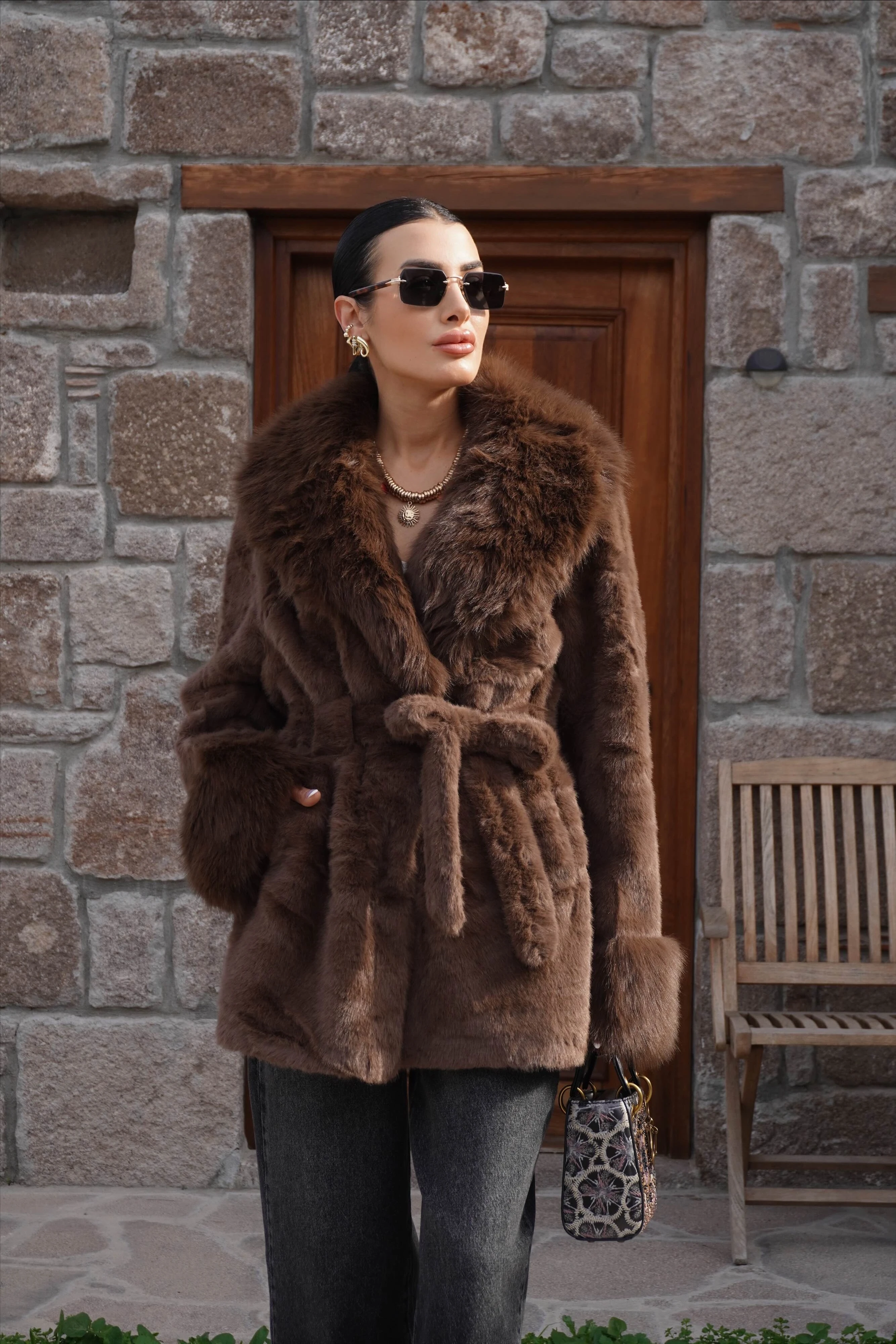 İthal Premium Kürk Yaka Kahverengi Peluş Kaban