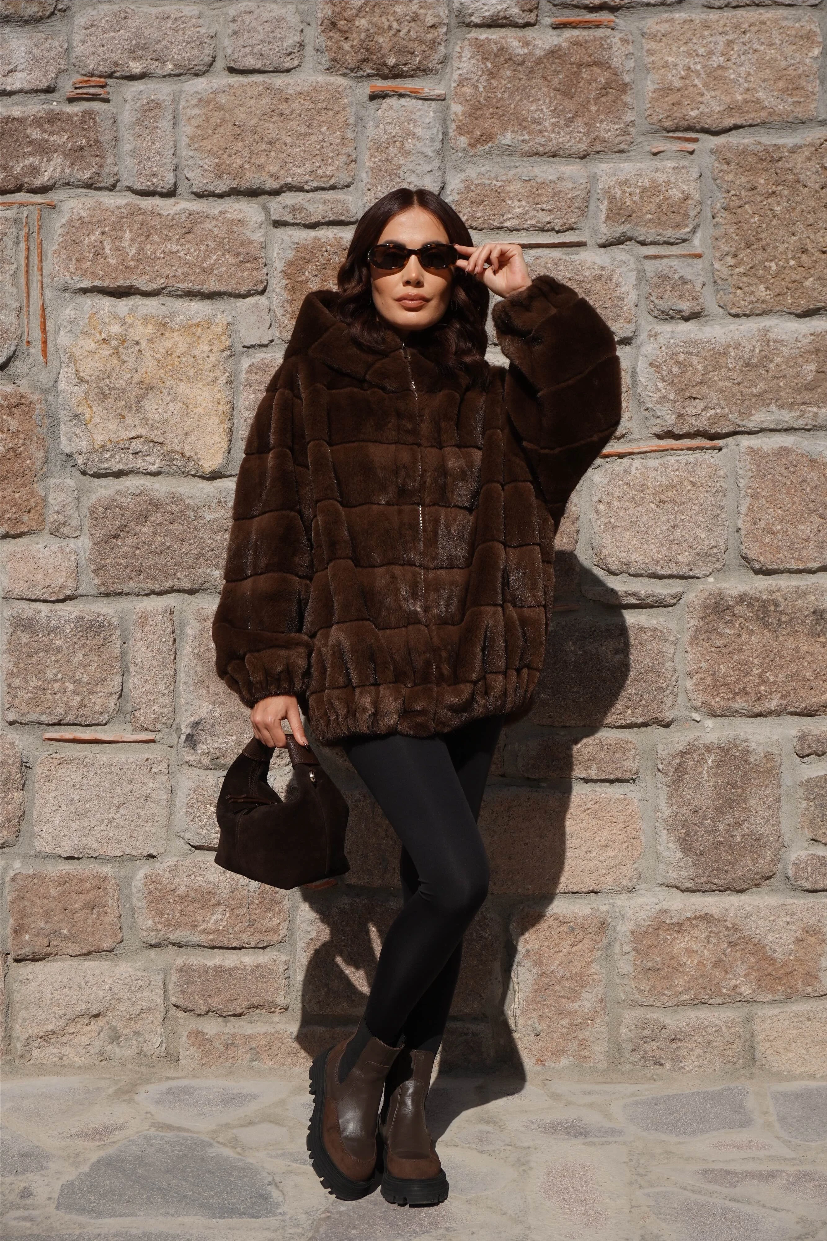 İthal Premium Oversize Kahverengi Kürk Mont