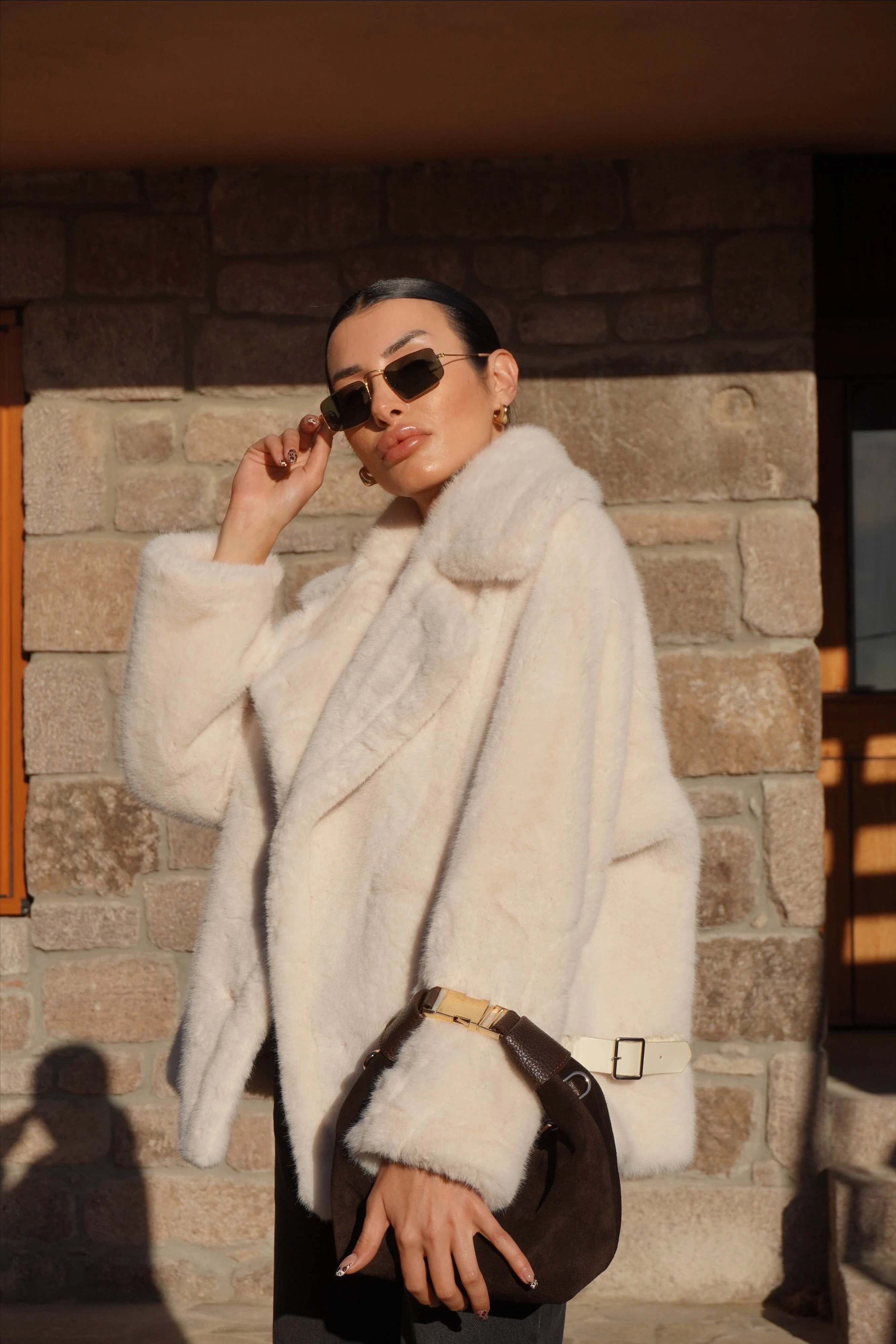 İthal Premium Ekru Peluş Ceket Kürk