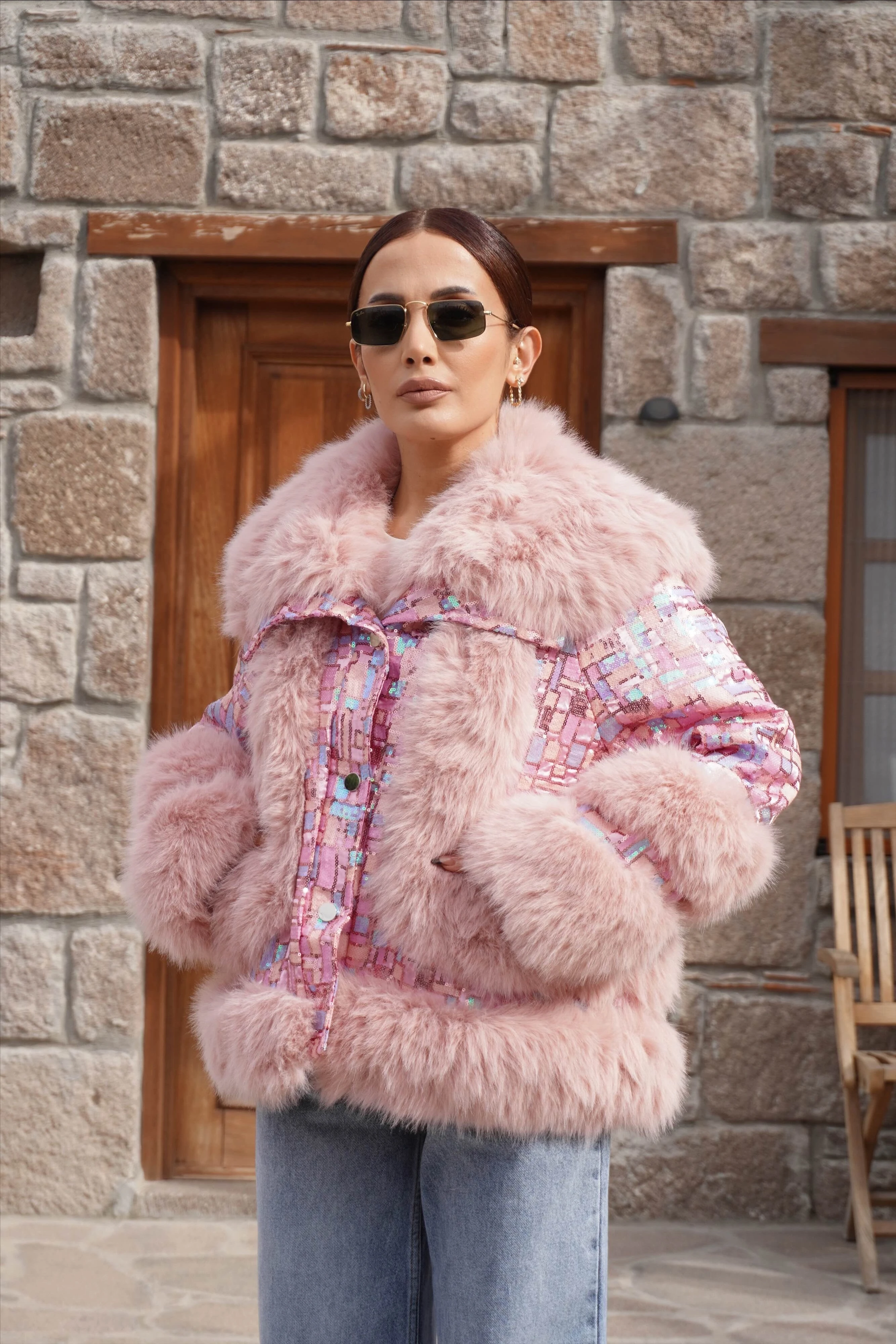 İthal Tasarım Premium Pembe Kürk Detaylı Mont