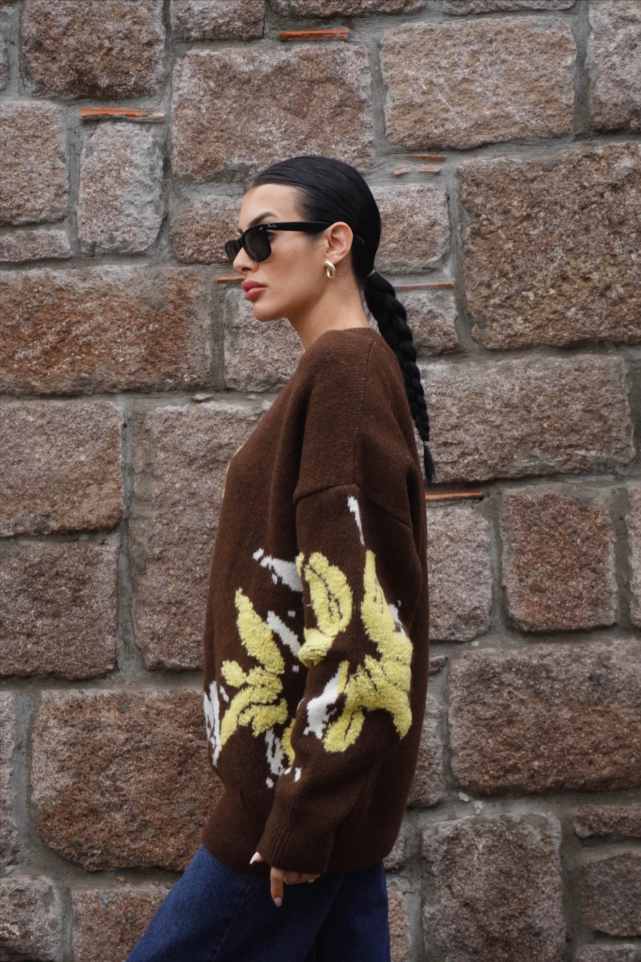 Çiçek Desenli Acı Kahve Kazak 