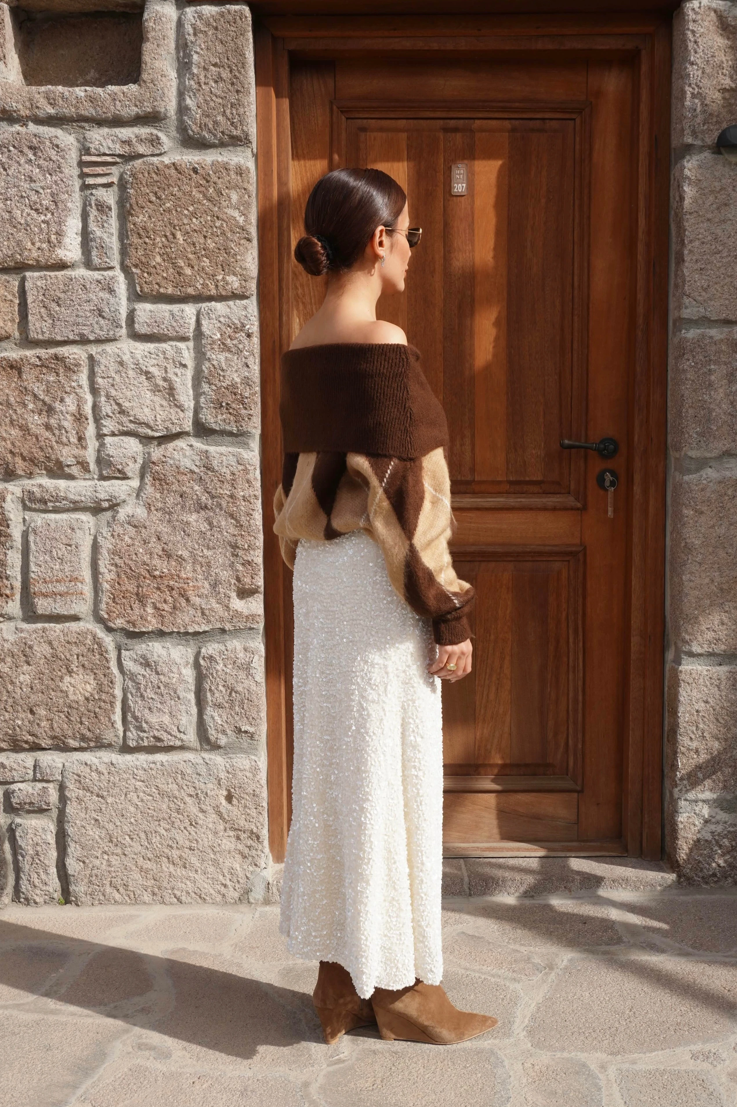 Beyaz Pullu Payetli Maxi Etek 