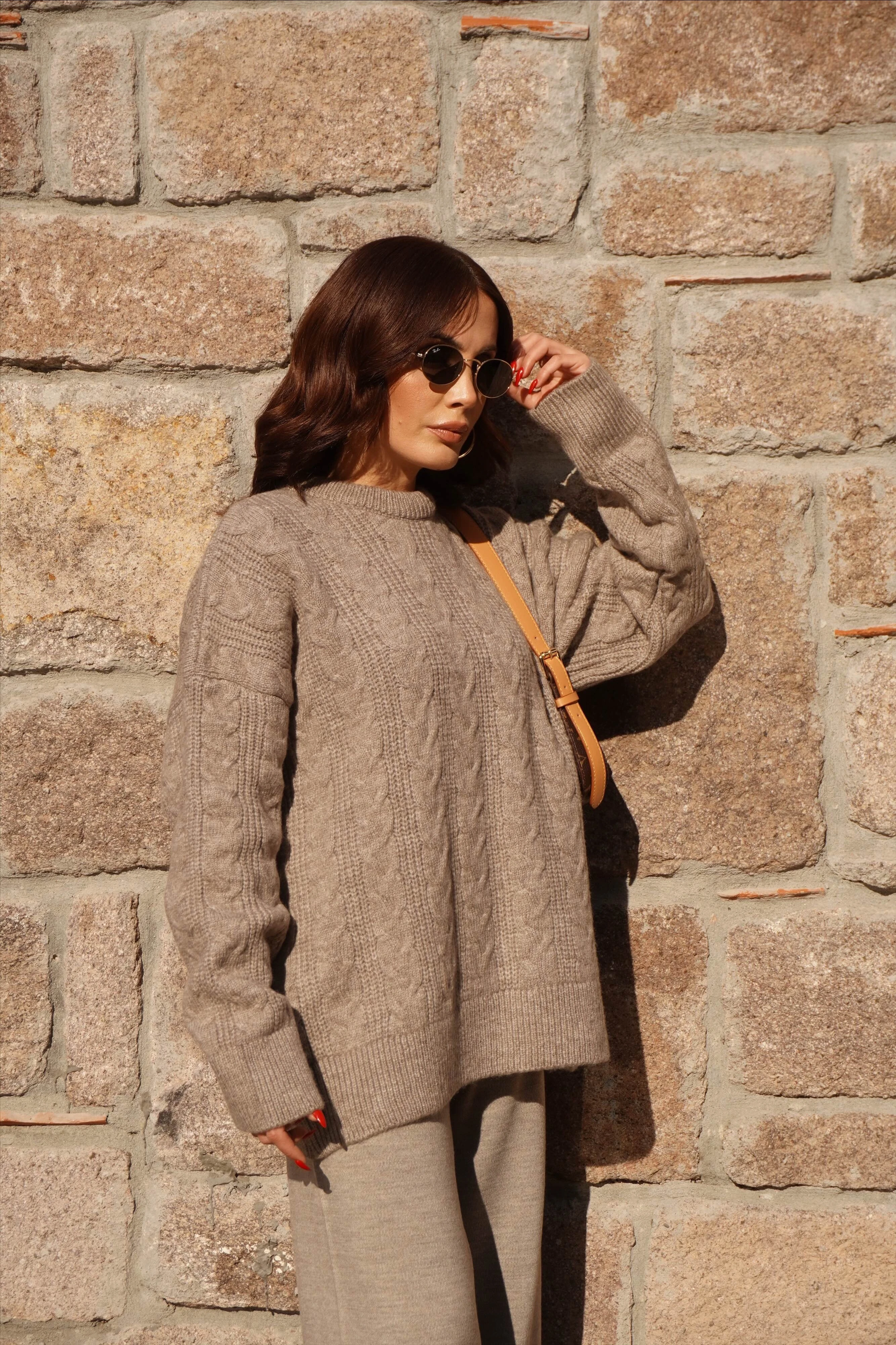 Vizon Saç Örgü Triko Kazak Pantolon Takım 