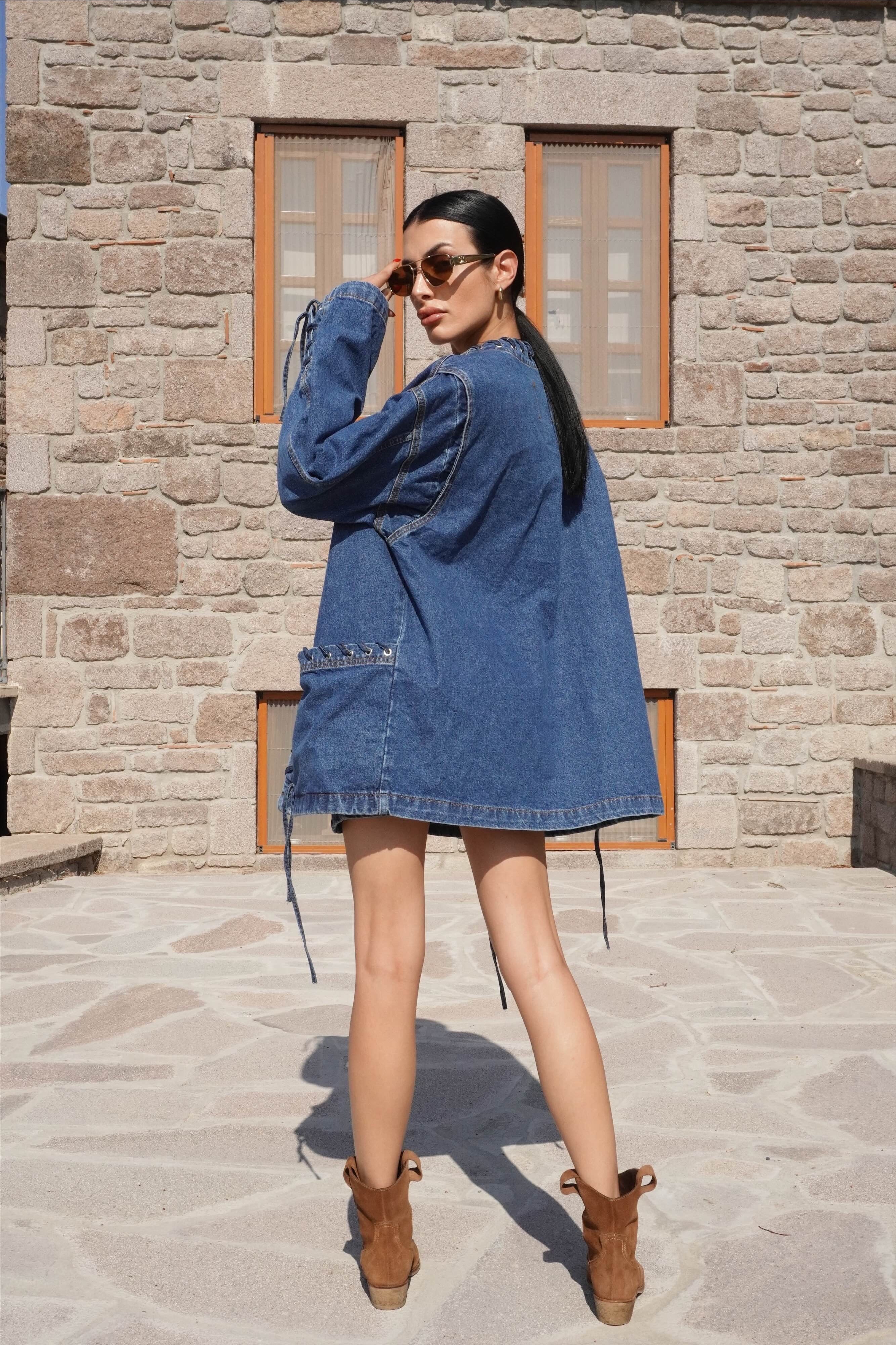 Kuşgözlü Denim Ceket Etek Takım
