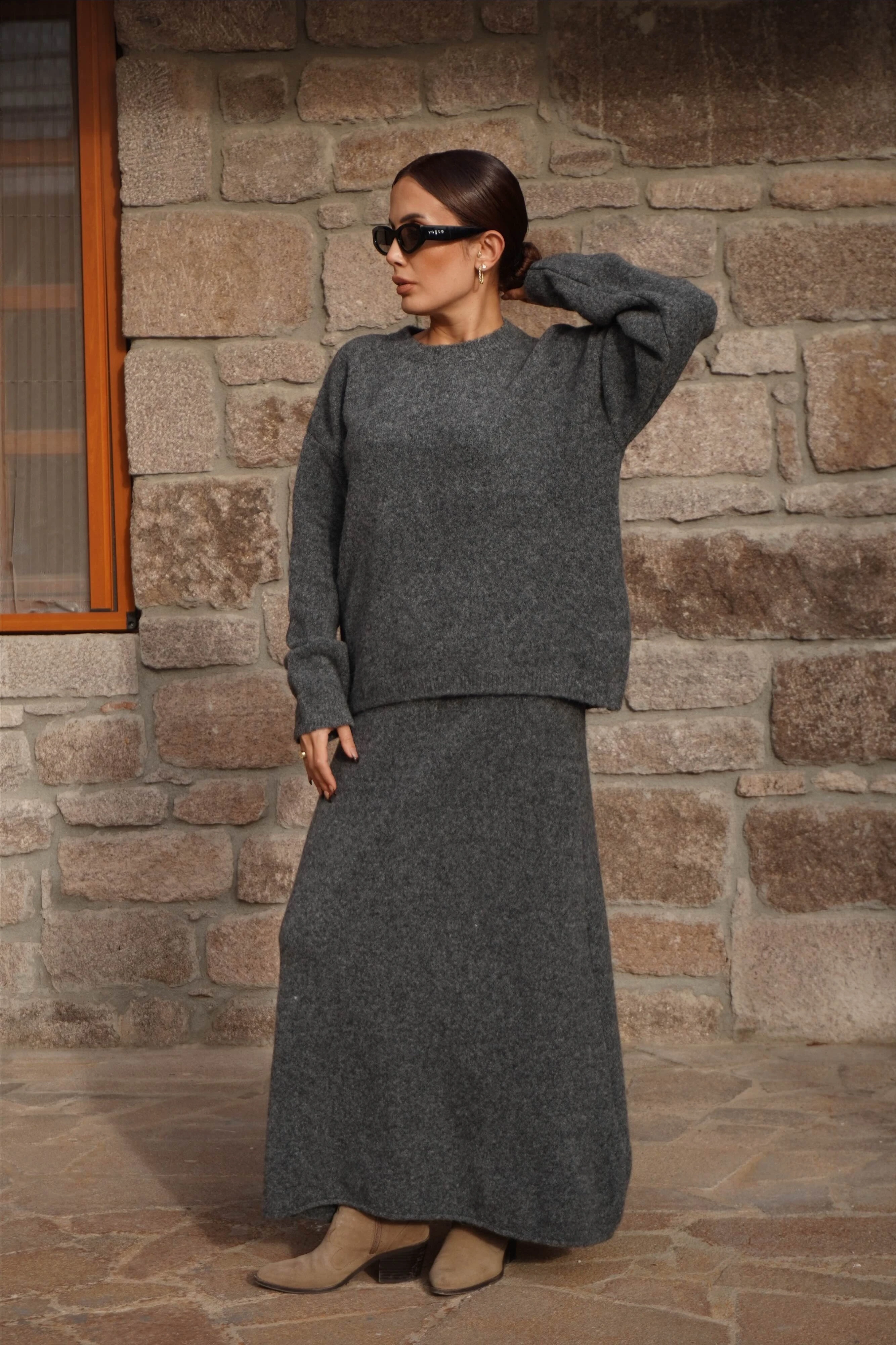 Premium Gri Etek Kazak Triko Takım