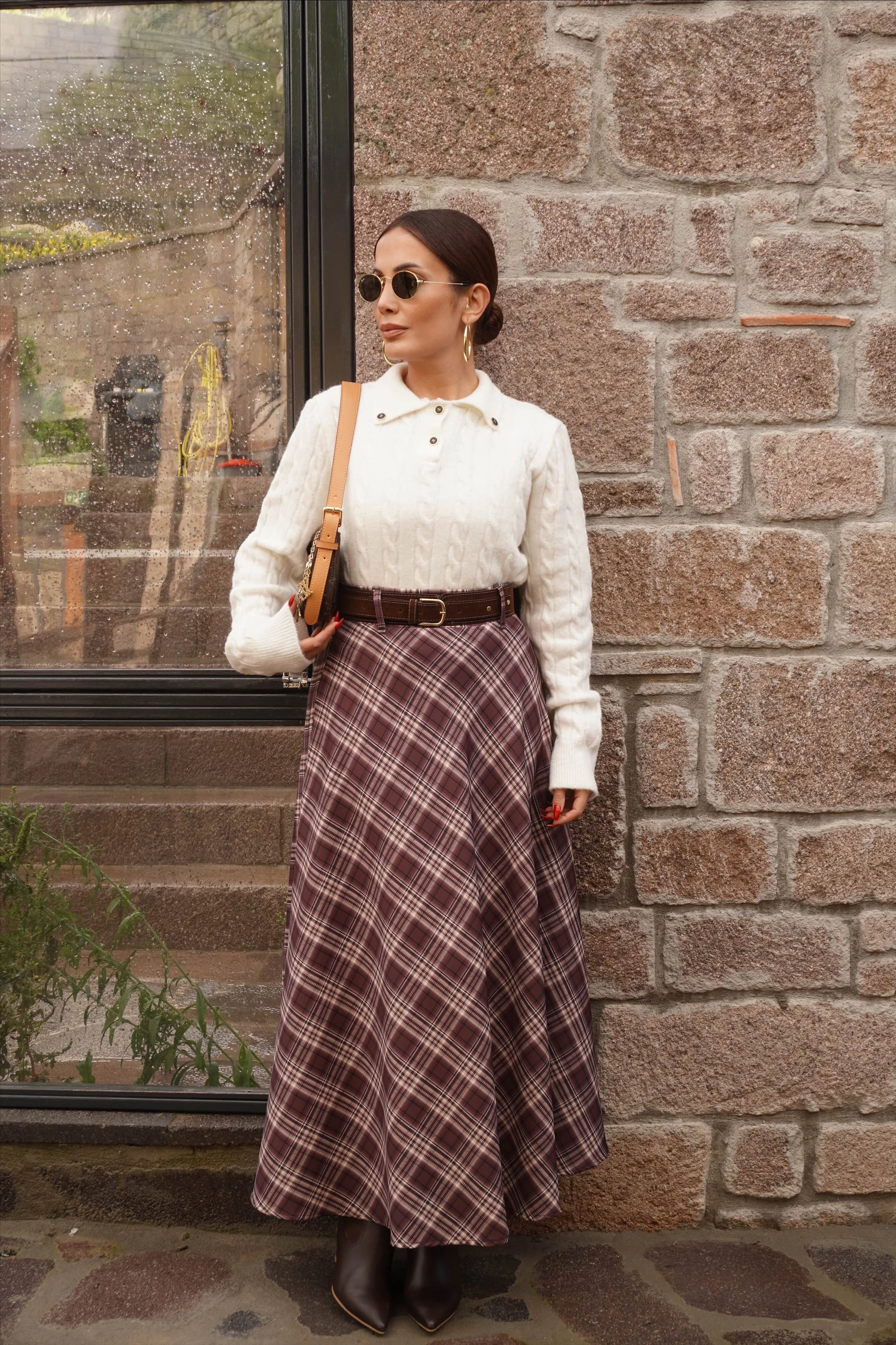 Kemer Aksesuarlı Ekose Etek