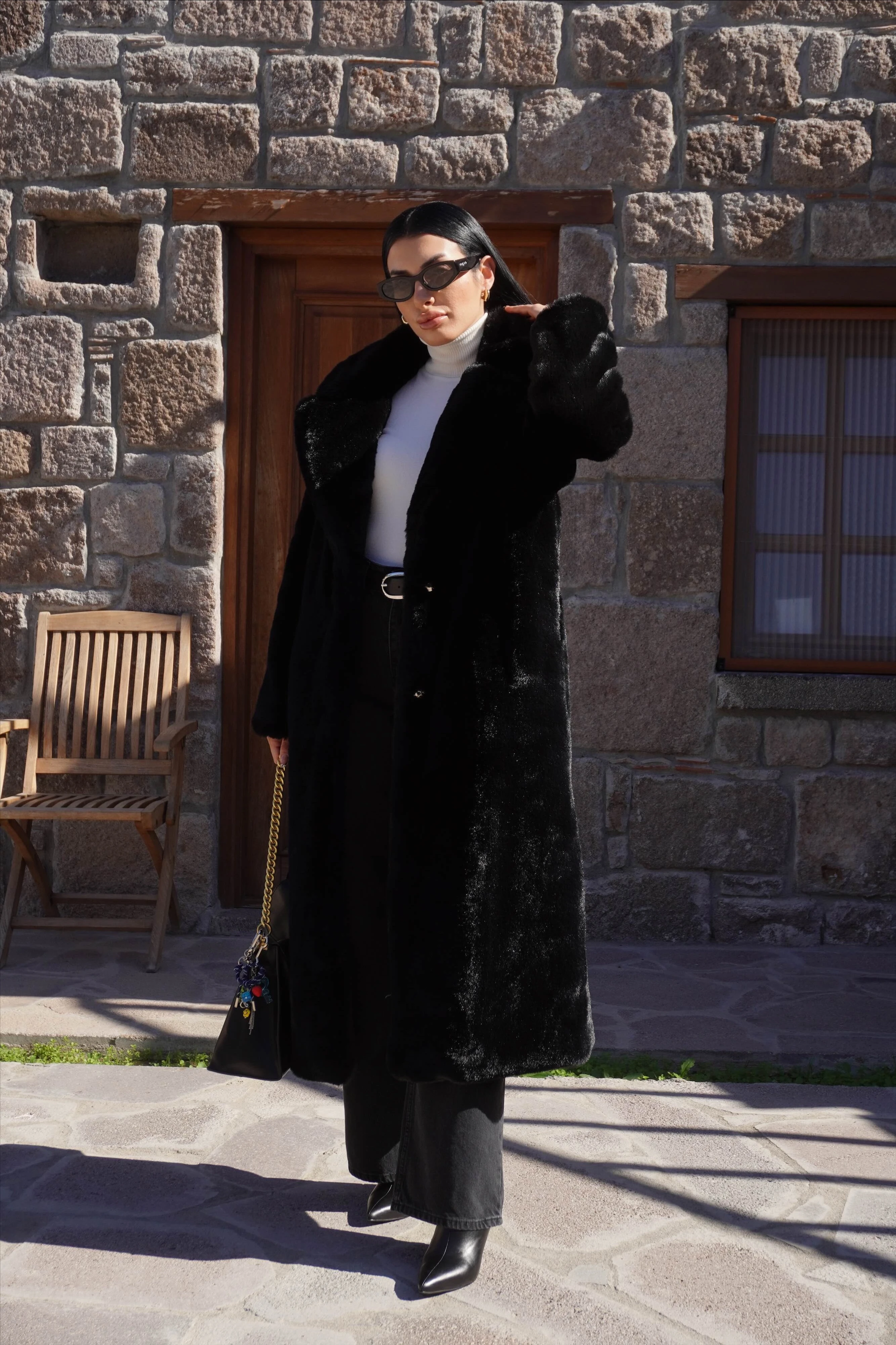 Premium Siyah Peluş Tam Boy Kürk Kaban 