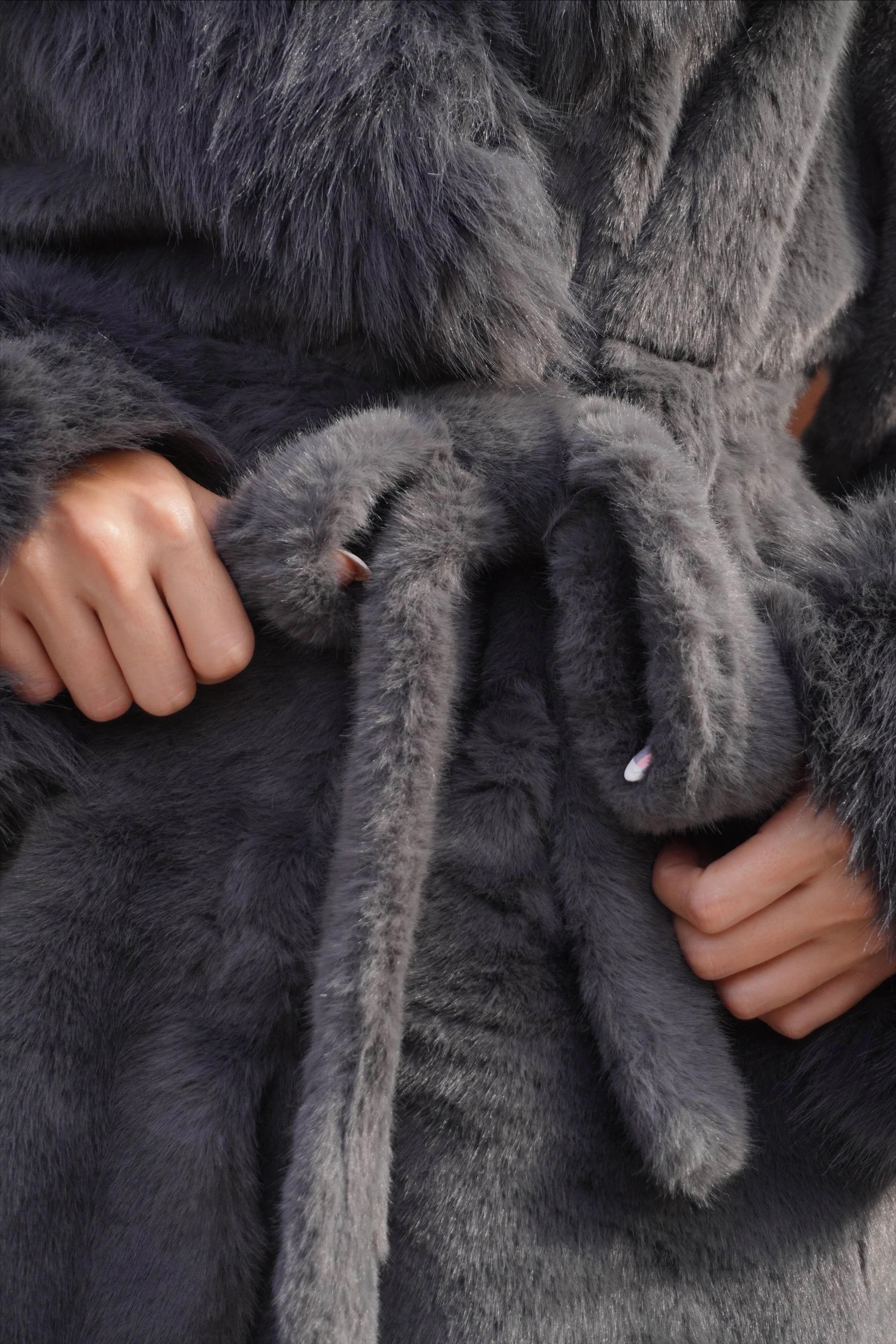 İthal Premium Kürk Yaka Gri Peluş Kaban