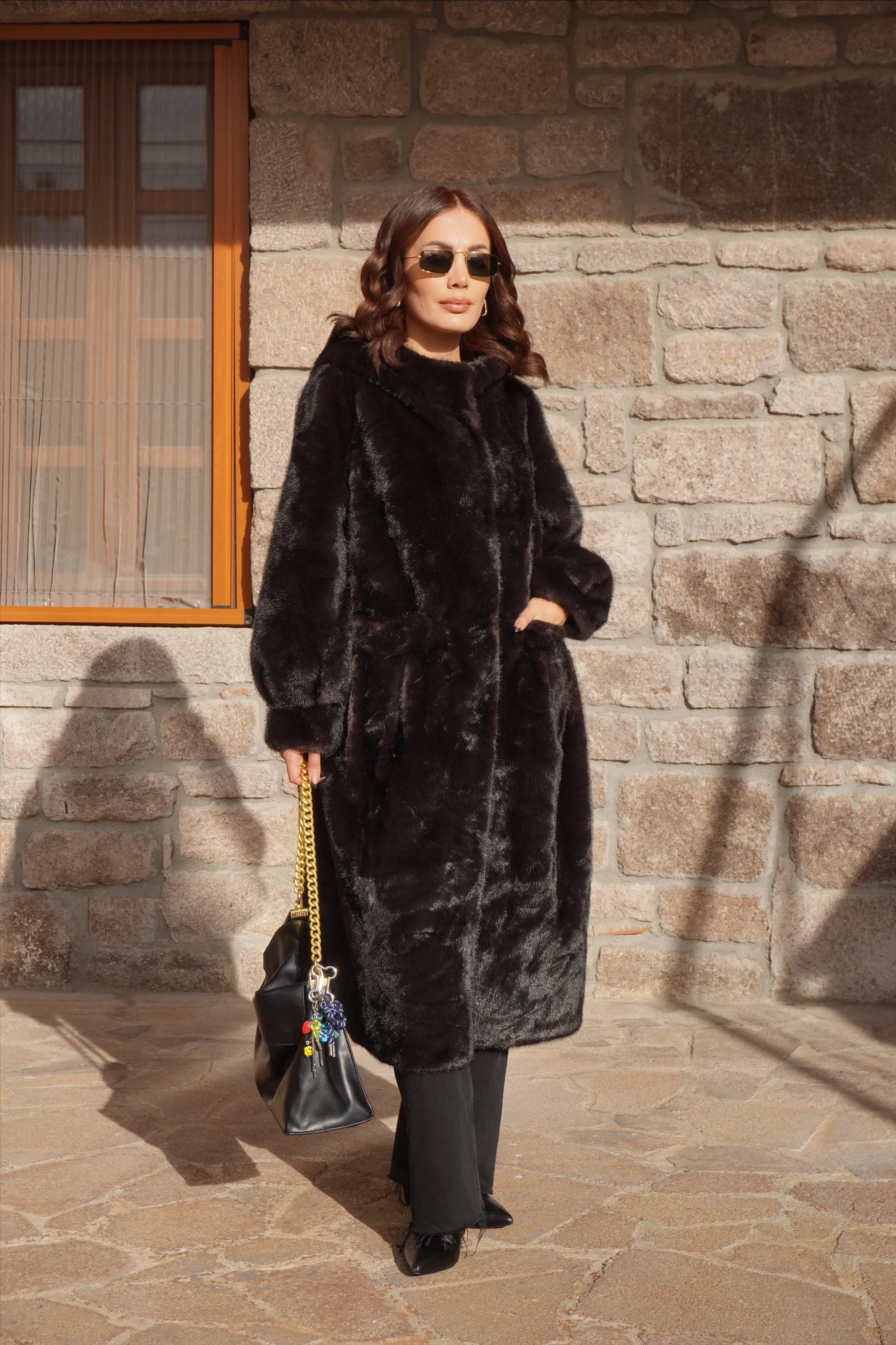 İthal Premium Vintage Görünümlü Kapüşonlu Acı Kahve Lüx Kürk Mont