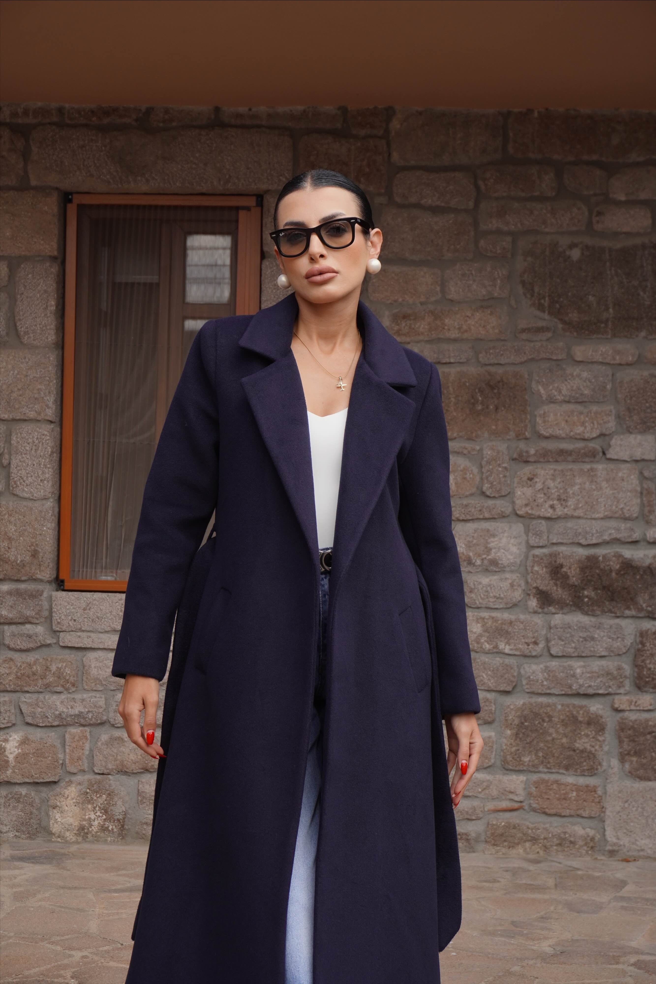 Premium Lacivert Kaşe Tam Kalıp Kaban 