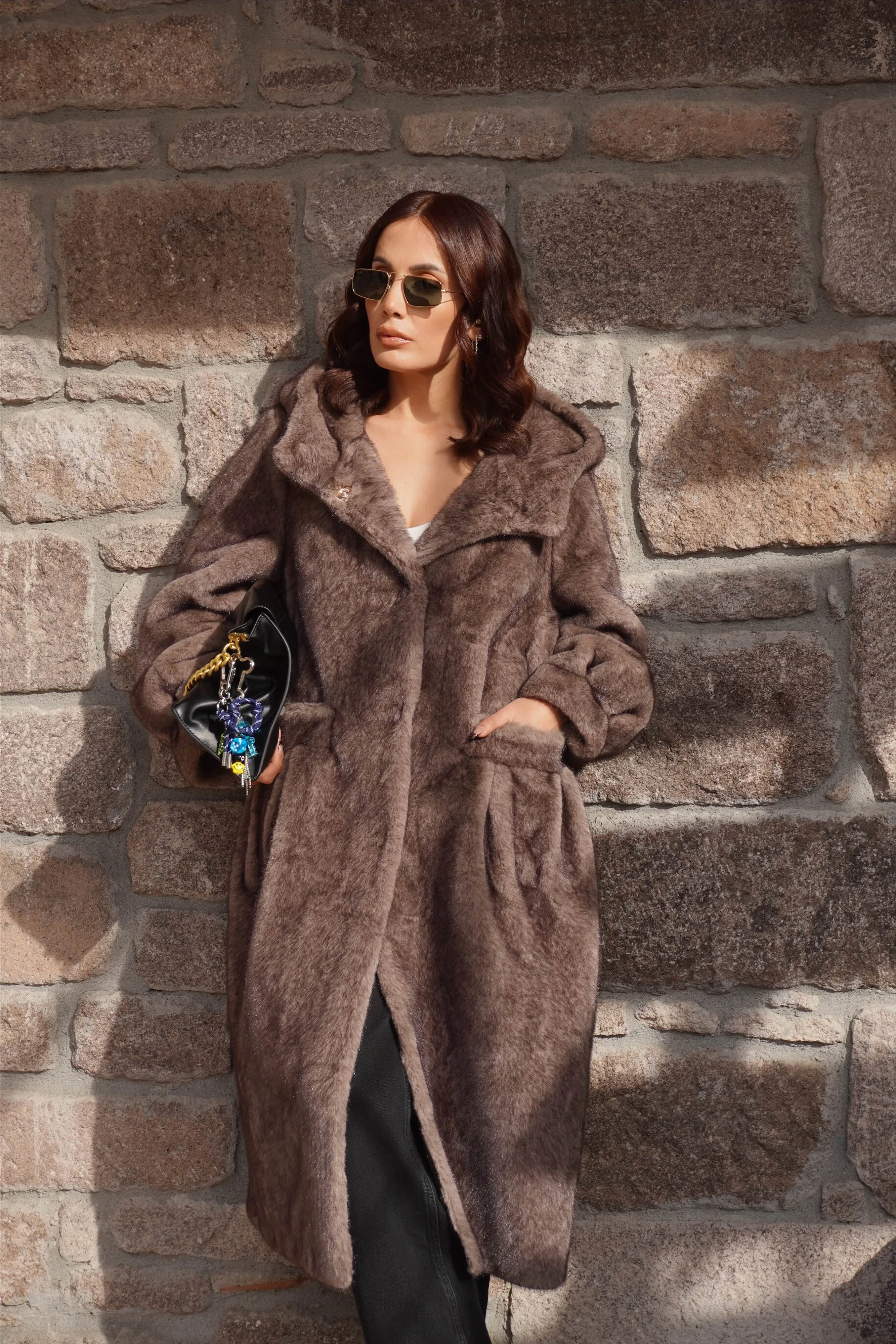 İthal Premium Vintage Görünümlü Kapüşonlu Vizon Lüx Kürk Mont