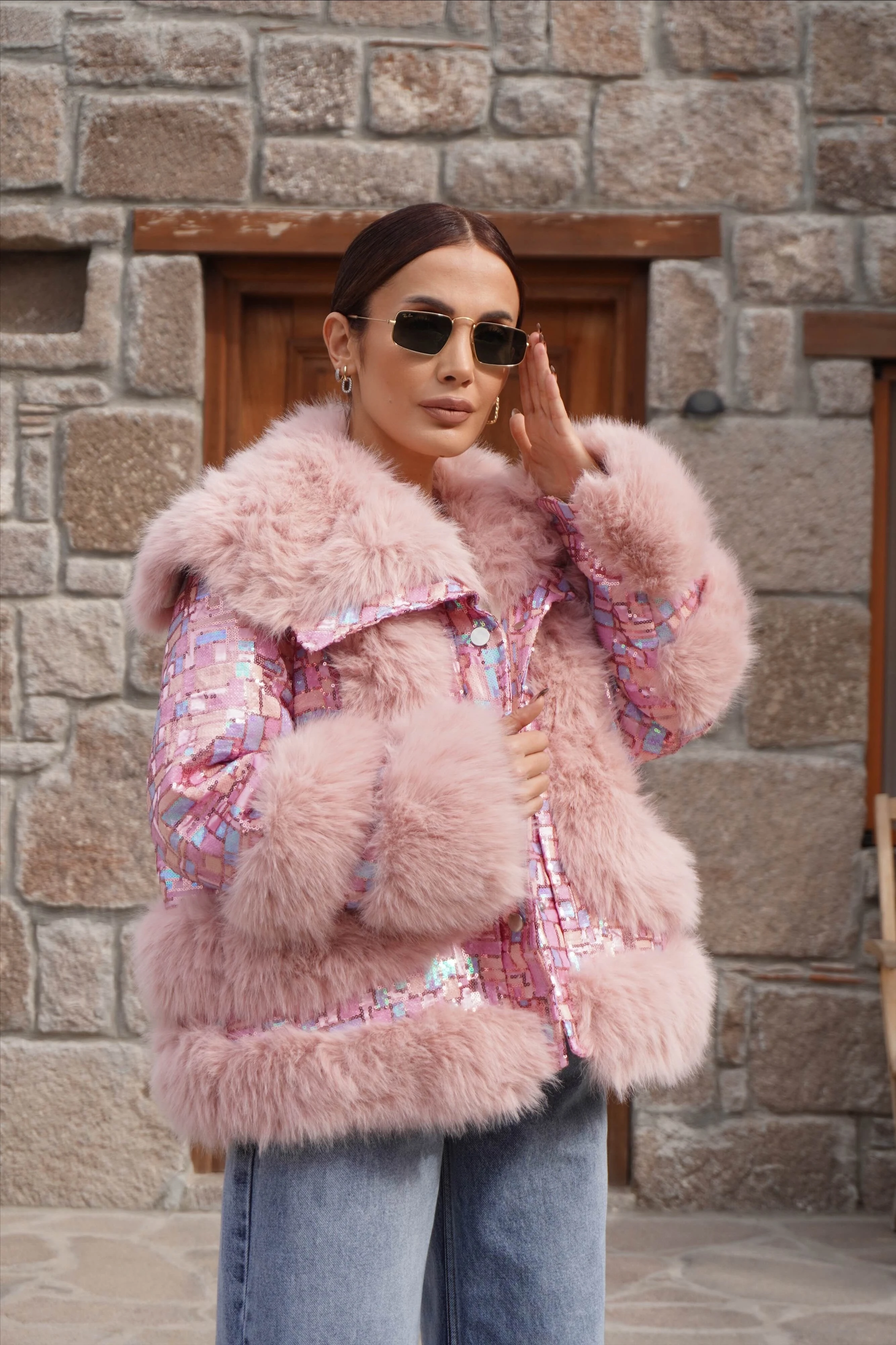 İthal Tasarım Premium Pembe Kürk Detaylı Mont