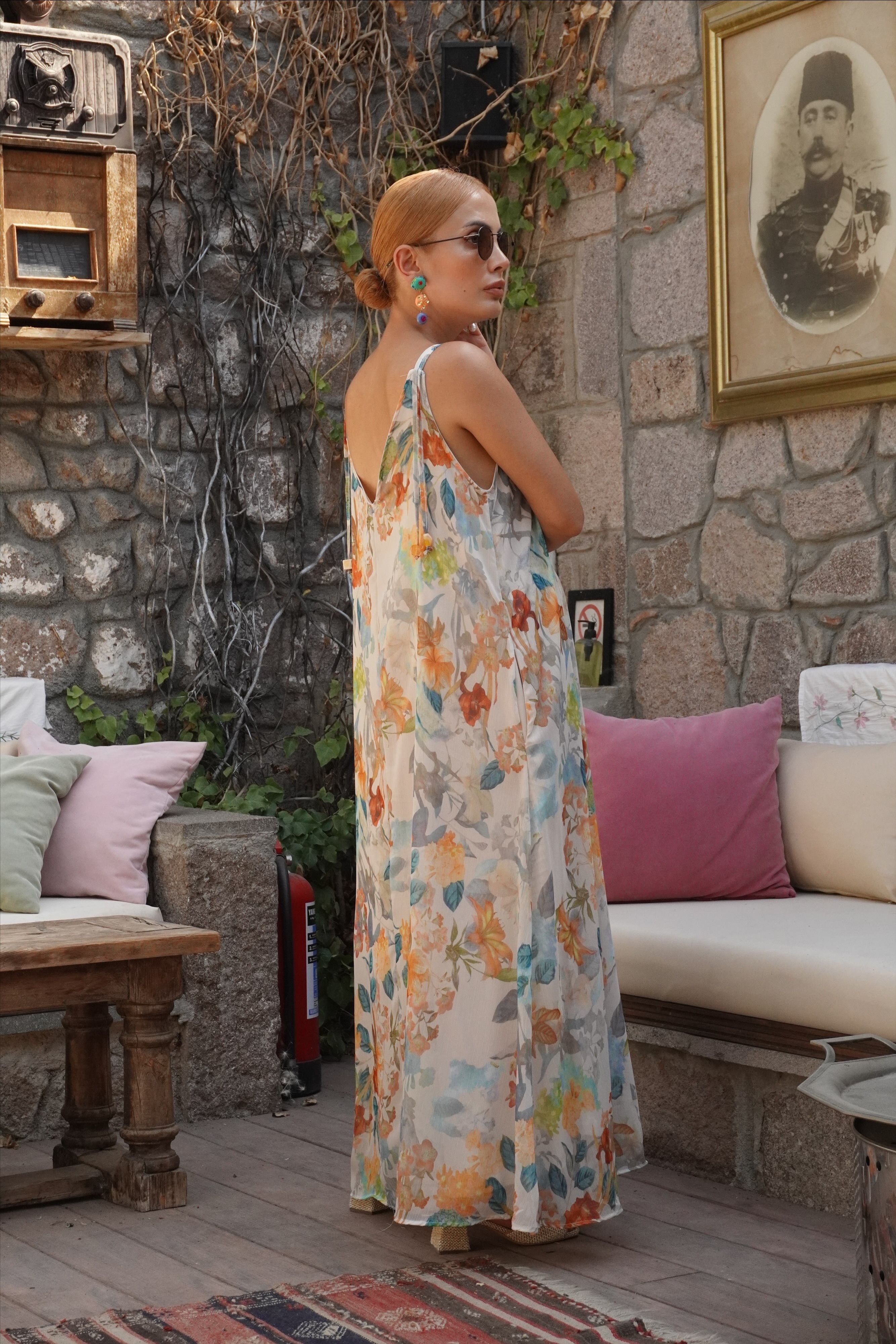 Premium Çiçek Desenli İp Askılı Şifon Elbise 