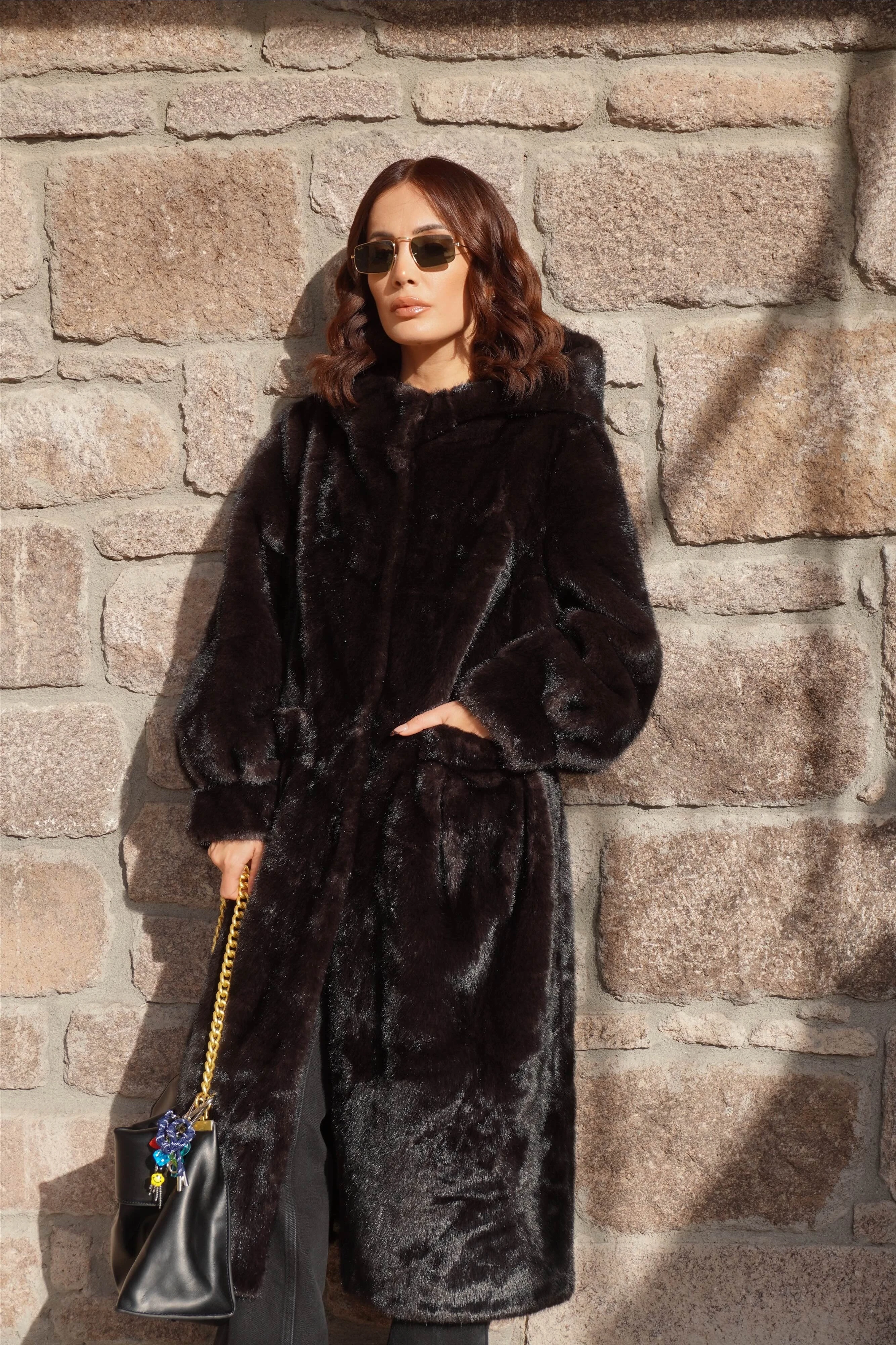 İthal Premium Vintage Görünümlü Kapüşonlu Acı Kahve Lüx Kürk Mont