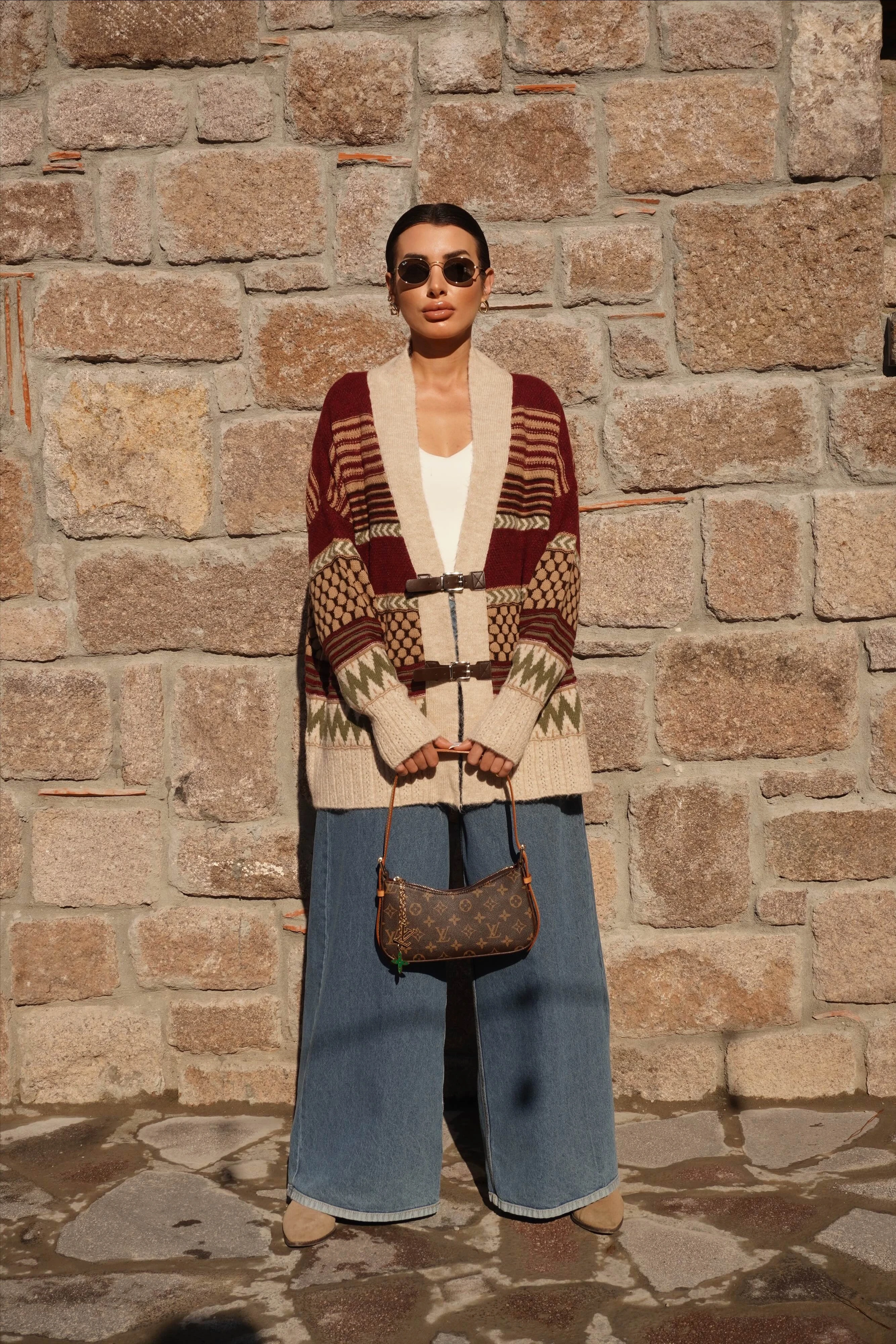 Kemer Detaylı Oversiz Taş-Bordo Hırka