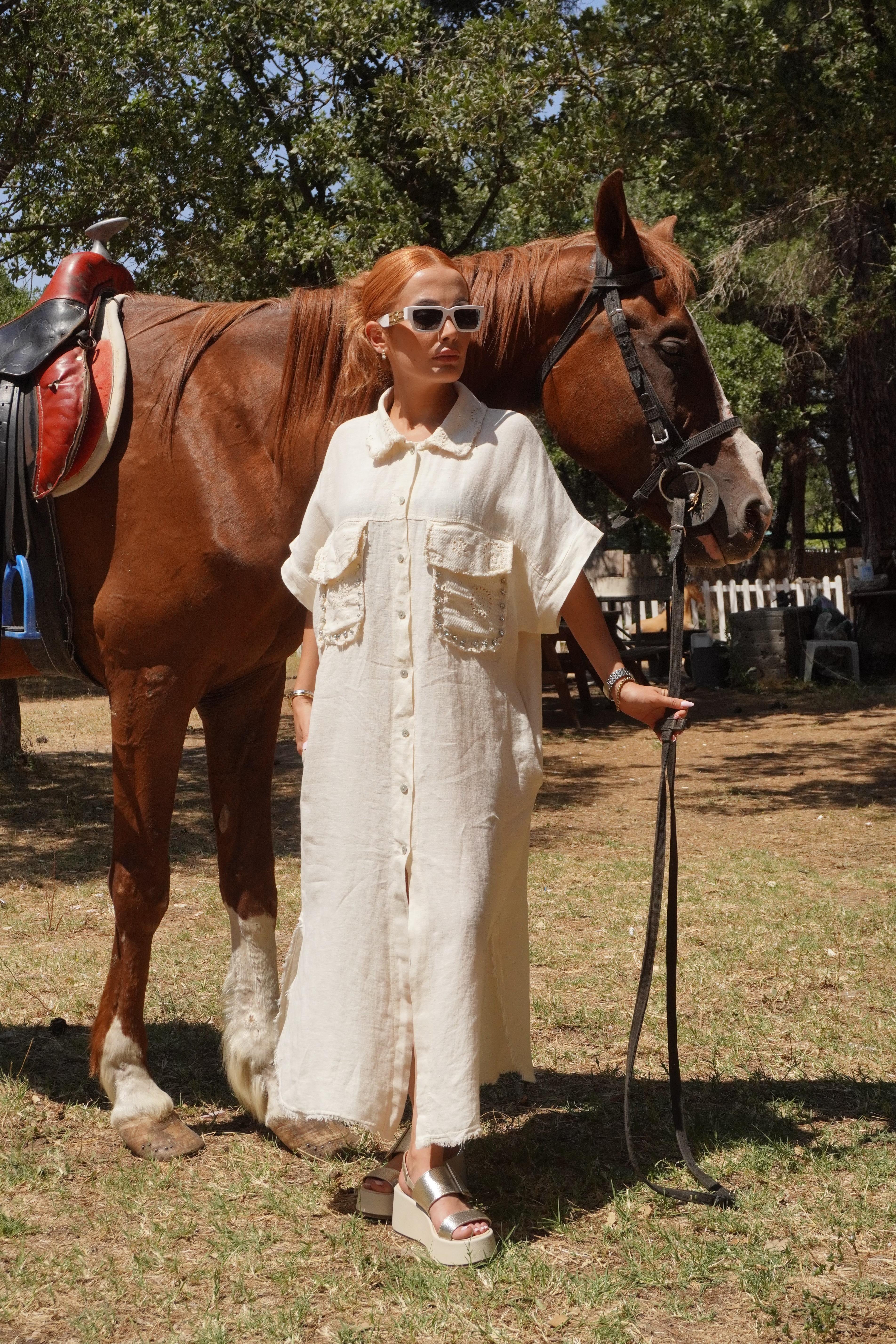 %100 Keten Krem İthal Taş Aksesuarlı Oversize Elbise