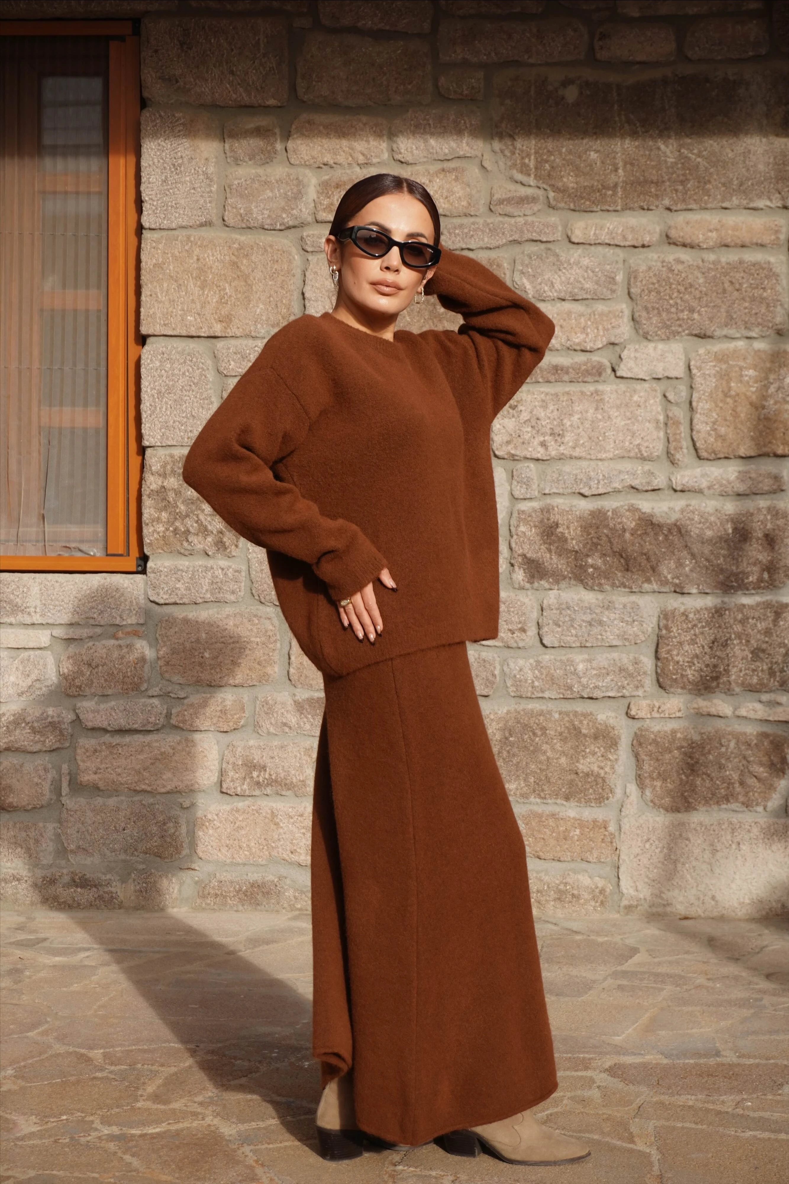 Premium Tarçın Renk Etek Kazak Triko Takım