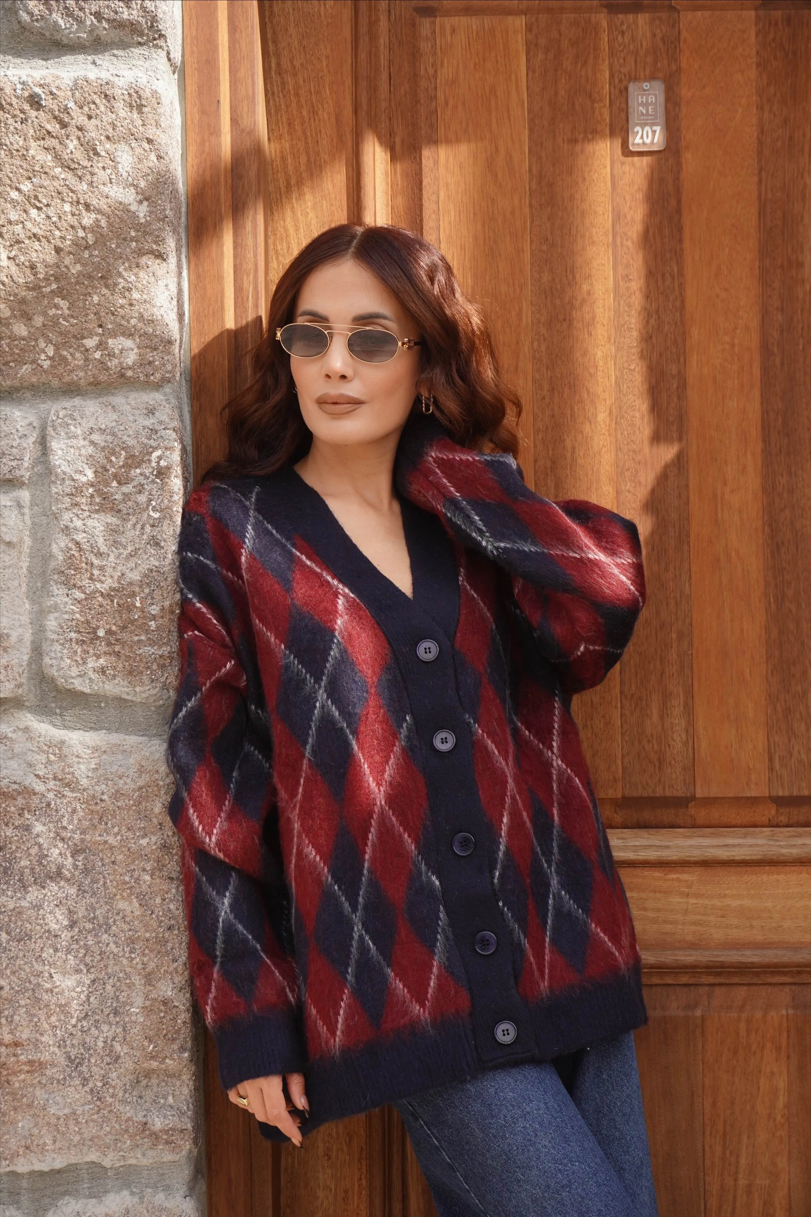 Oversize Standart Beden Baklava Desen Sakallı Hırka