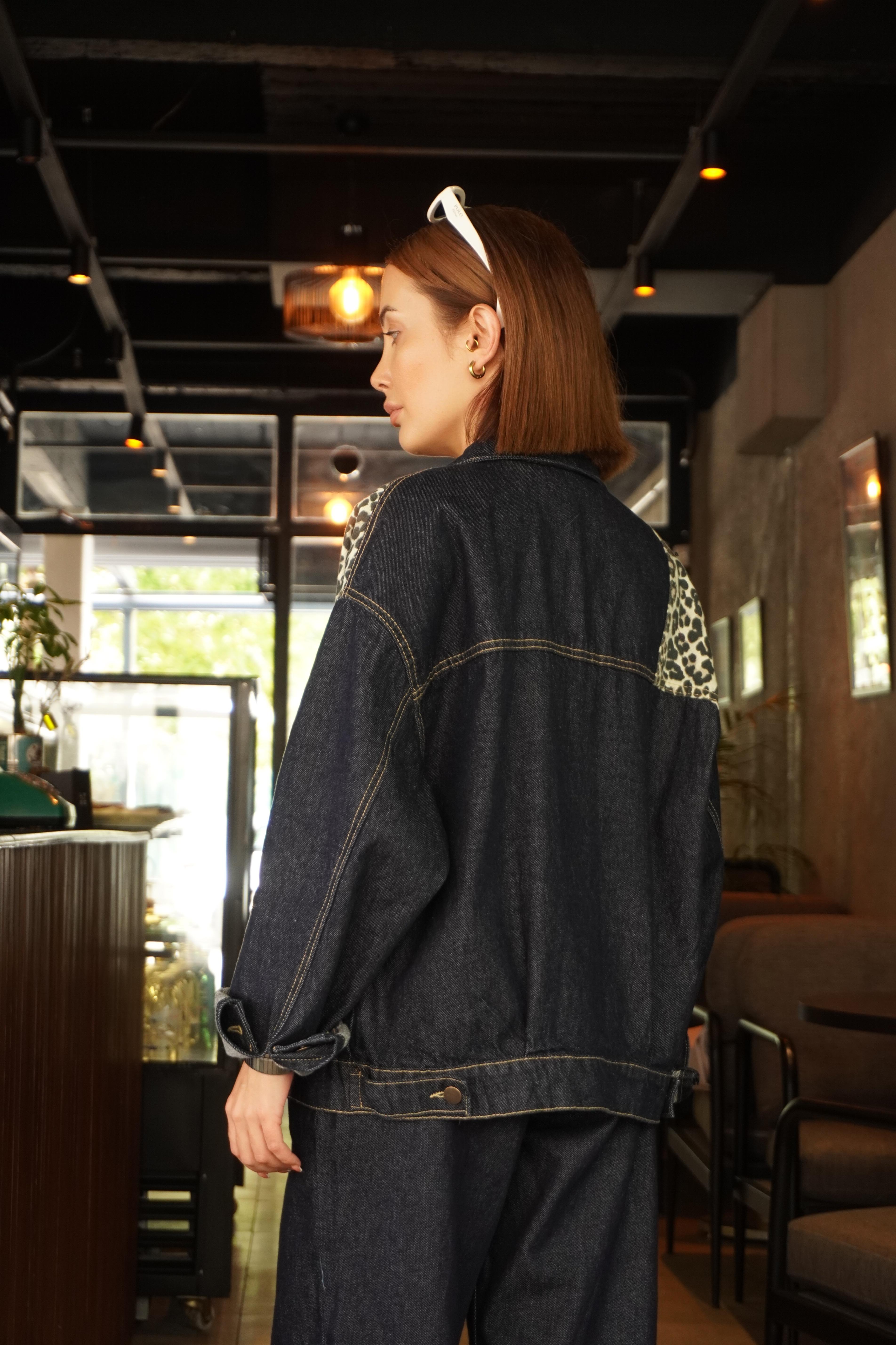 Oversize Leopar Match Detaylı Denim Ceket