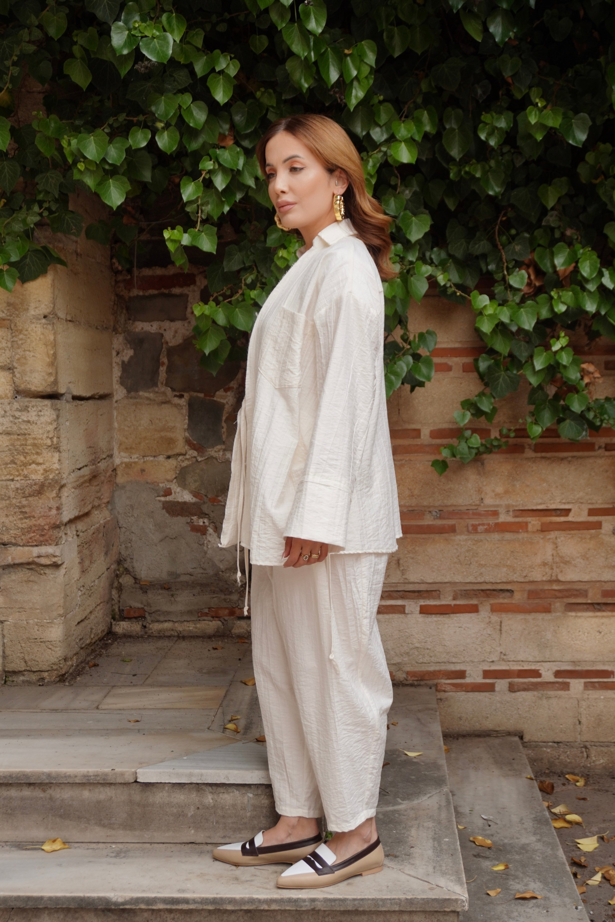 Marka Model Ekru Müslin Kumaş Kimono Gömlek Şalvar Pantolon Takım