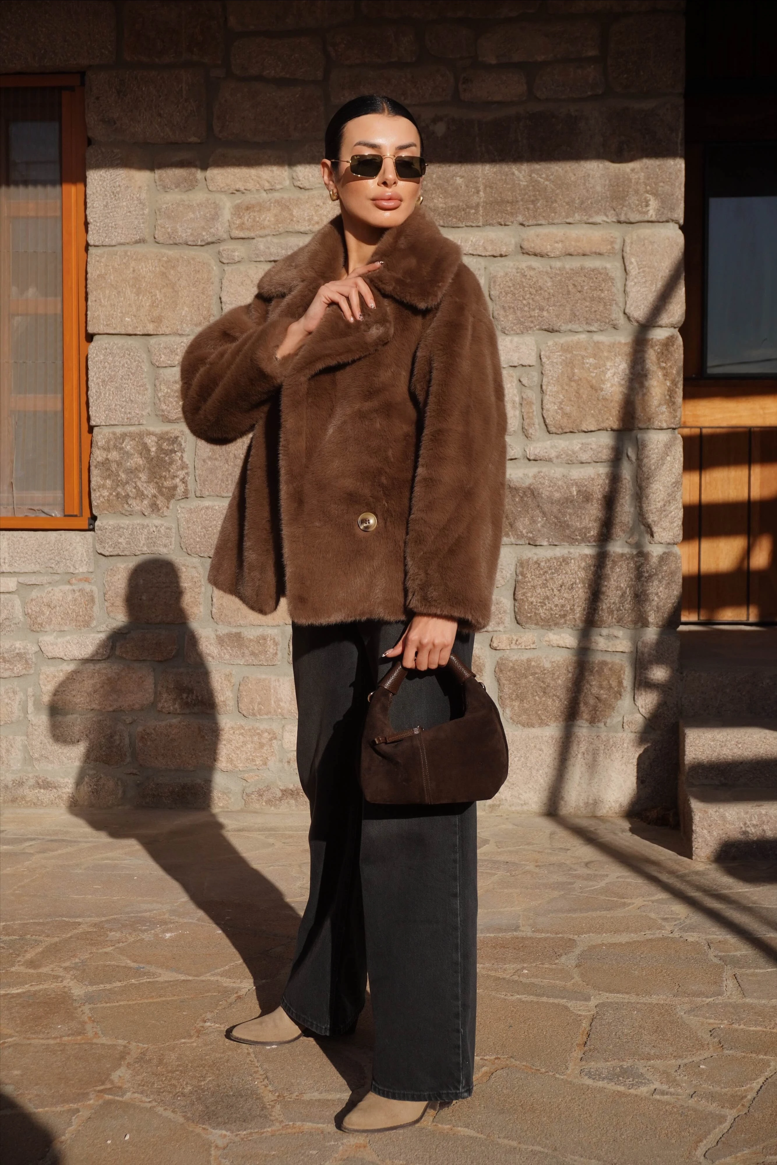 İthal Premium Kahverengi Peluş Ceket Kürk