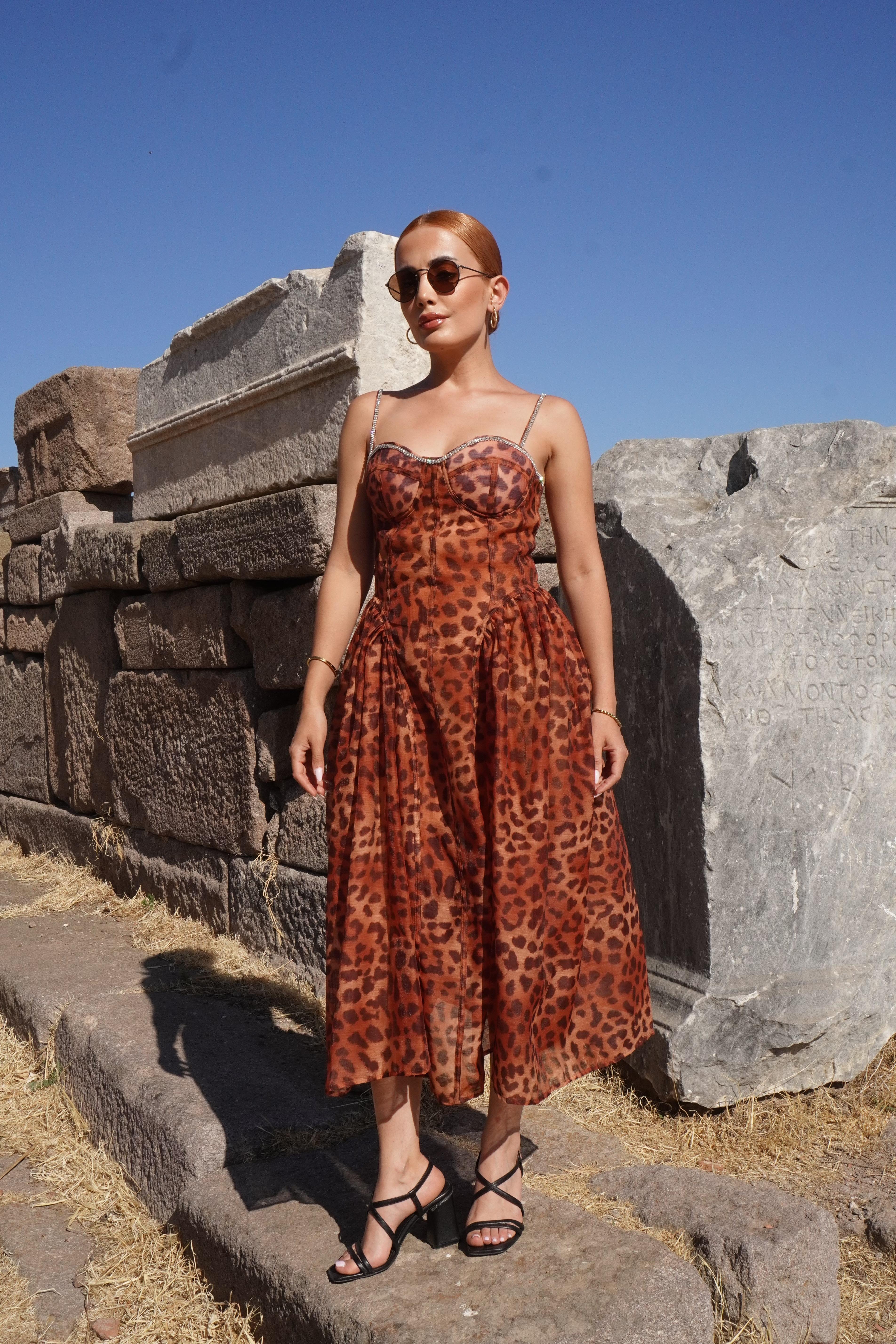 İthal Premium Leopar Desen Askılı Korse Detaylı Şifon Elbise