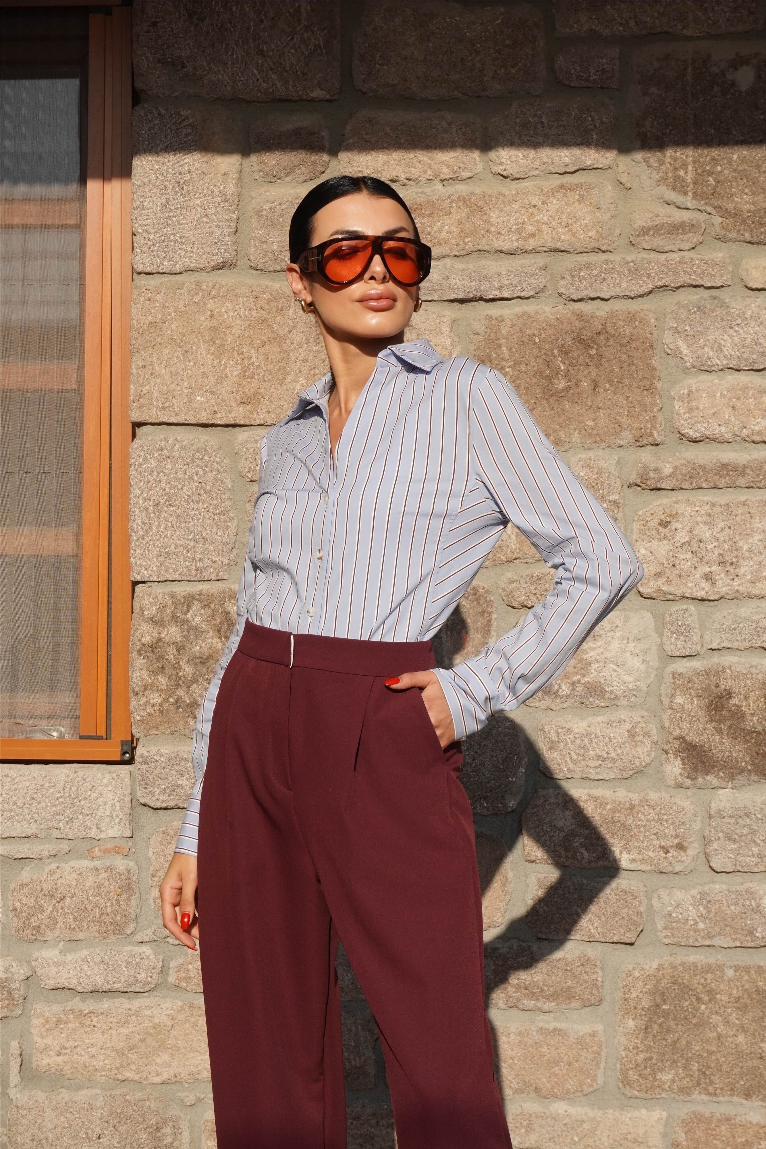 Bordo Çizgi Detaylı Bebe Mavi Gömlek 