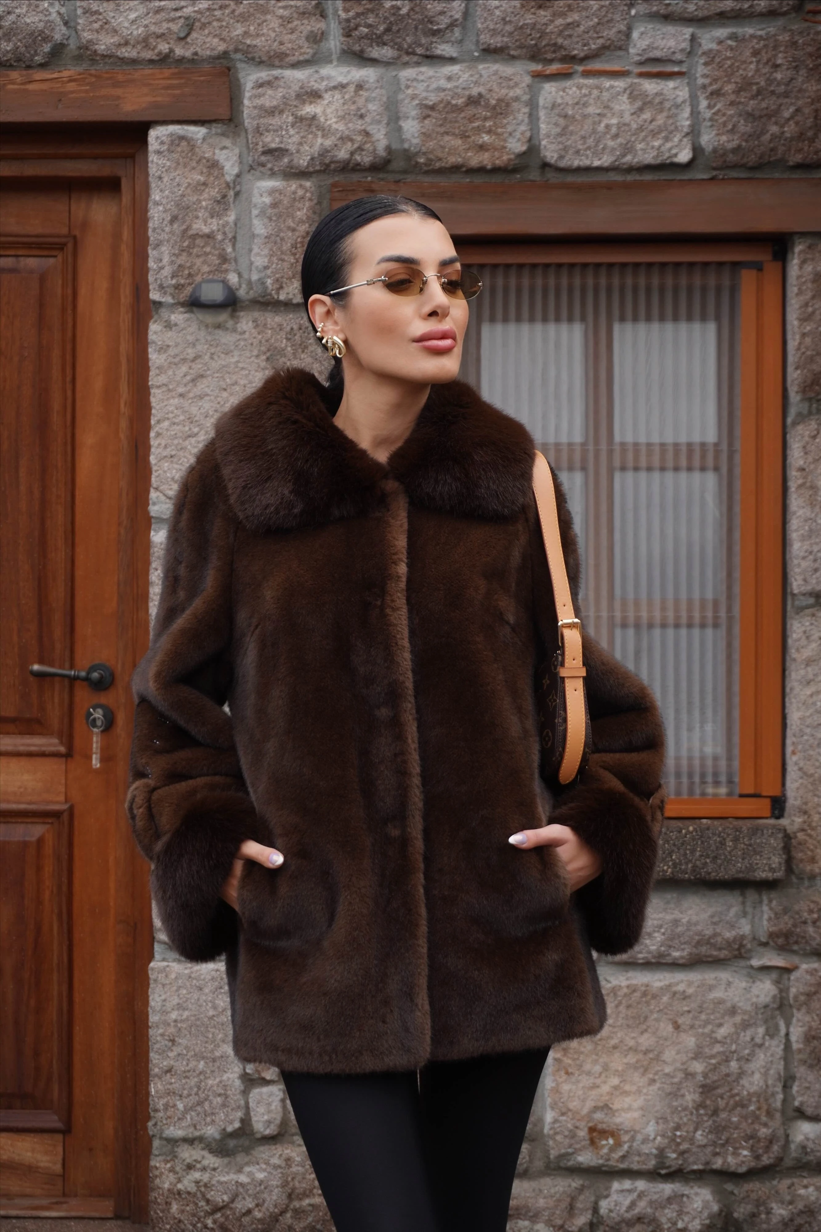 İthal Tasarım Kahverengi Ceket Kürk