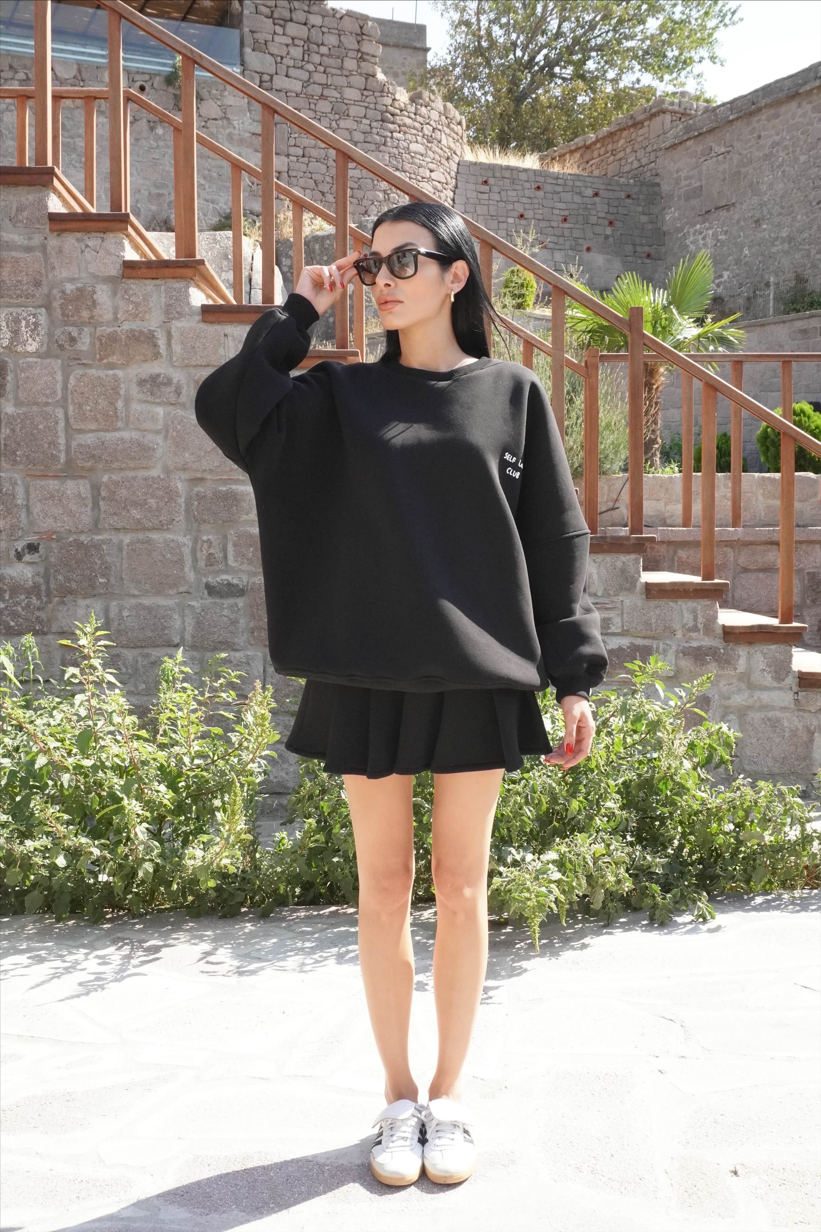 Oversize Siyah Pileli Etek Takım