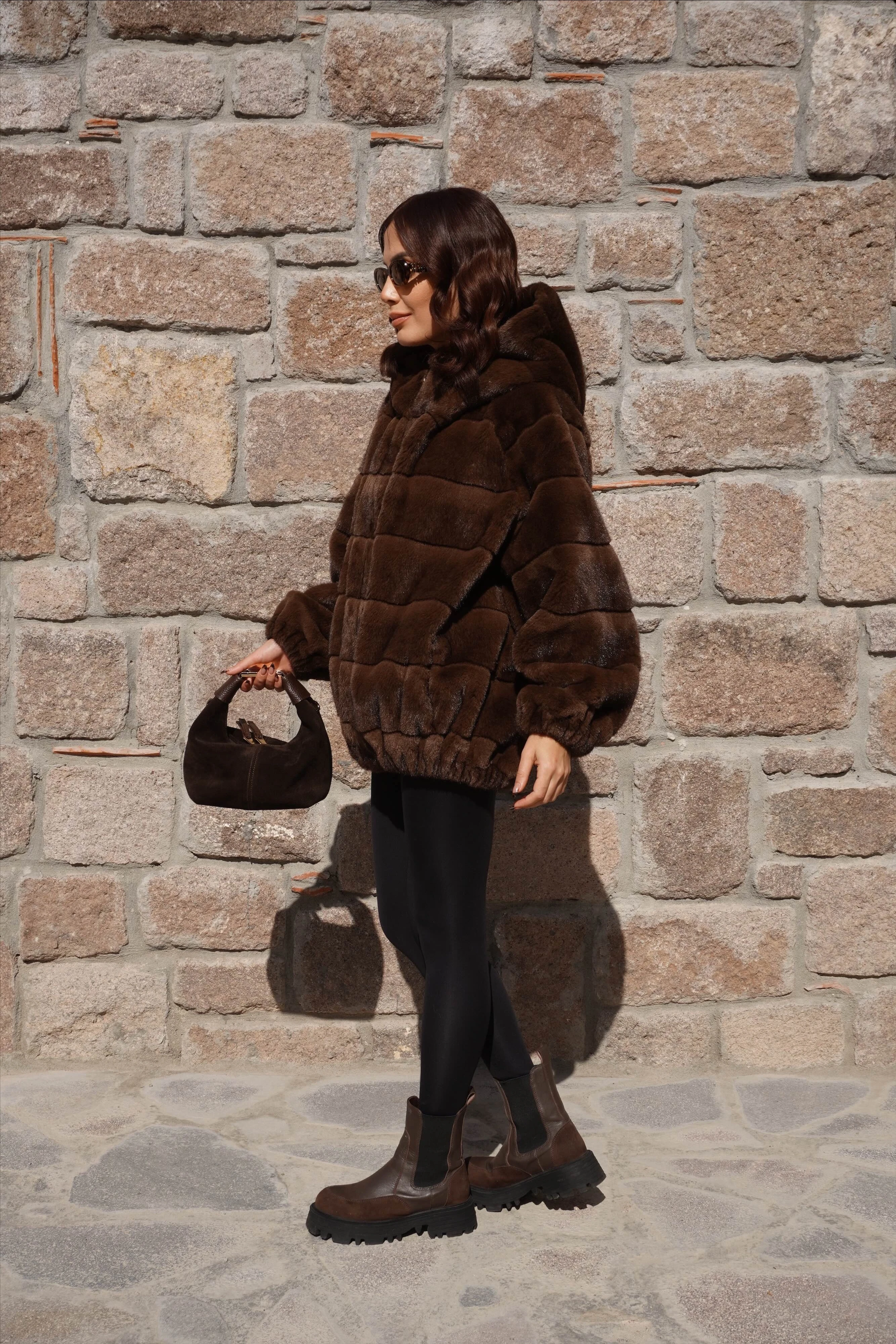 İthal Premium Oversize Kahverengi Kürk Mont