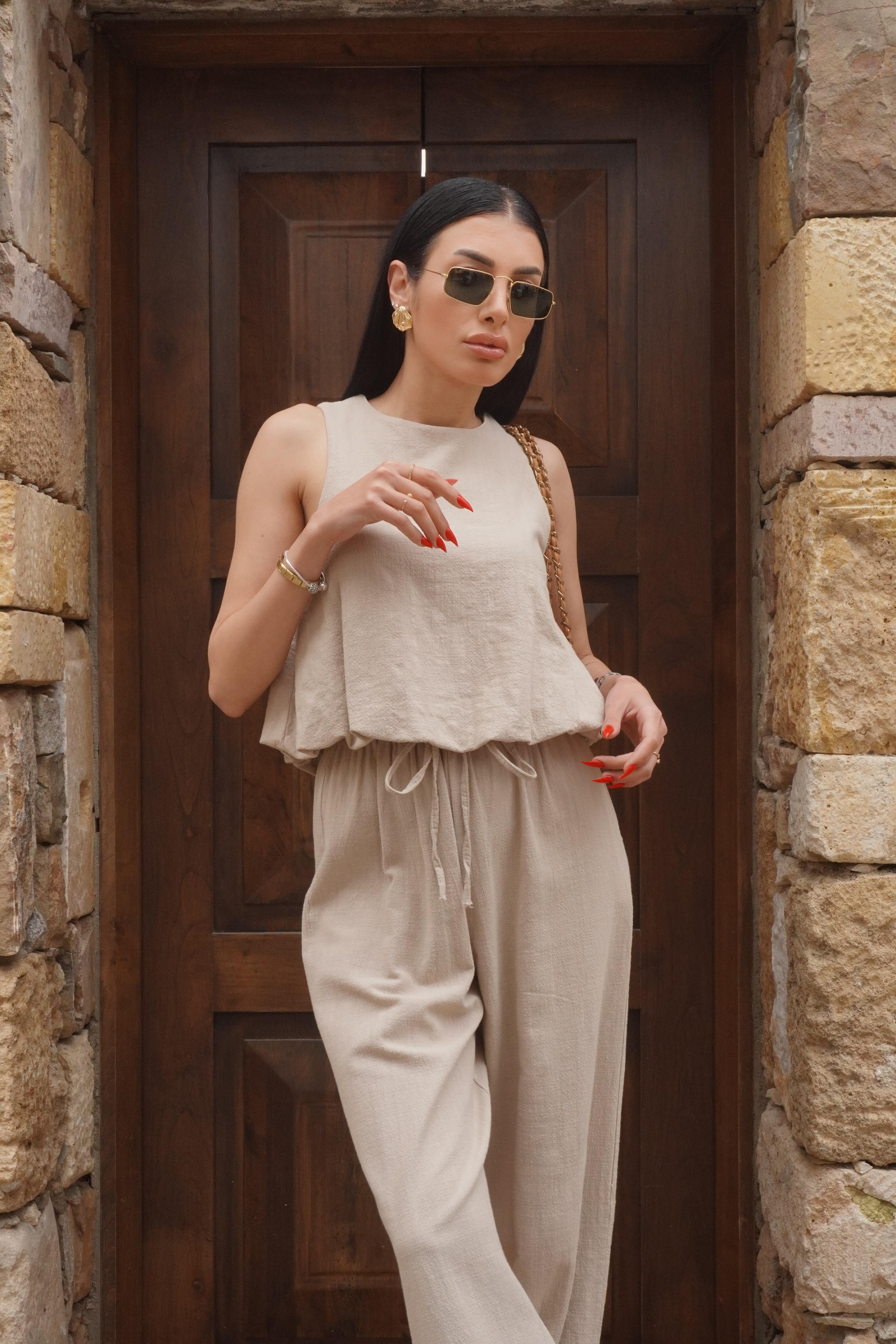 Keten Palazzo Pantolon Bluz Takım 