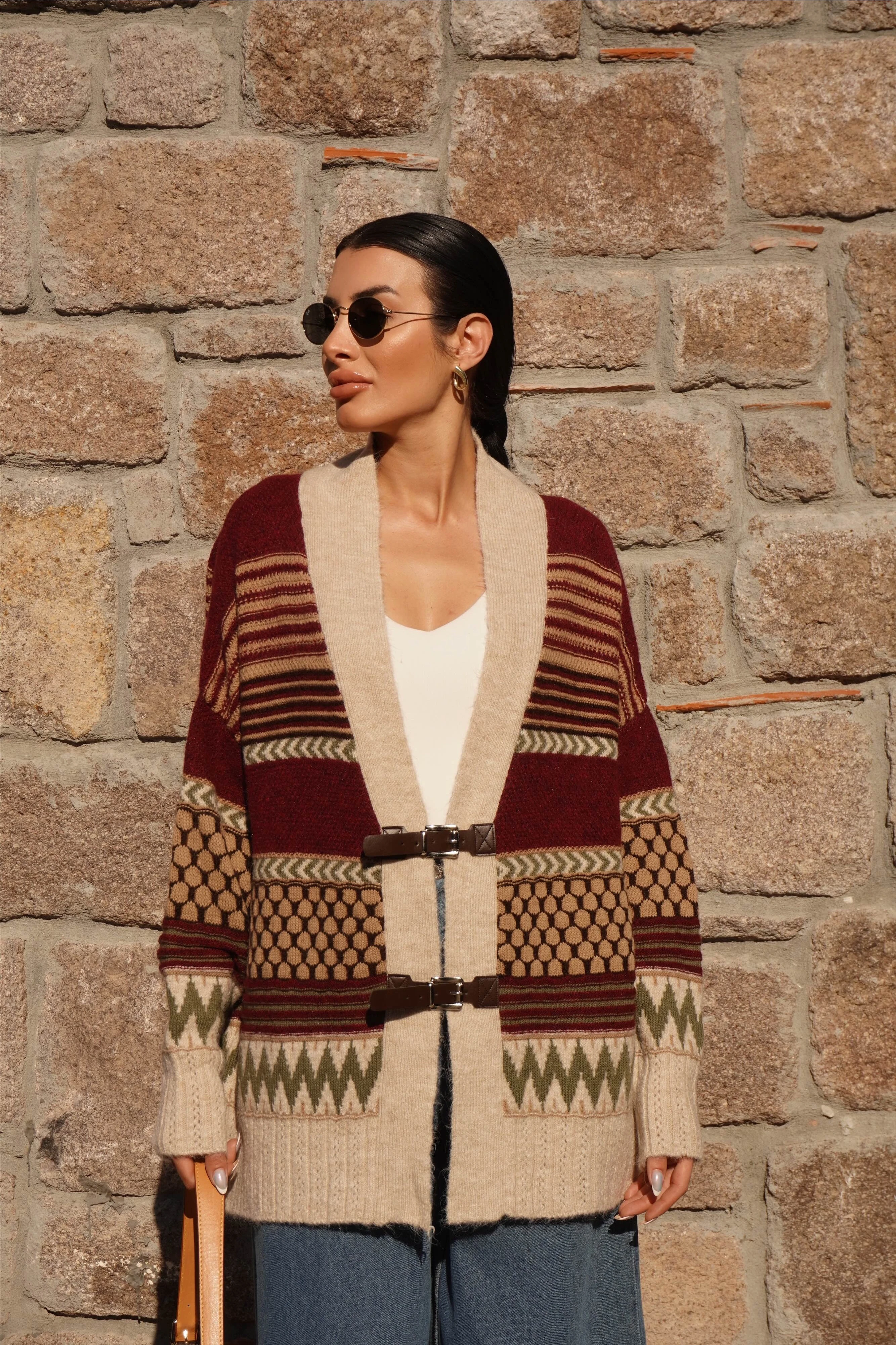 Kemer Detaylı Oversiz Taş-Bordo Hırka