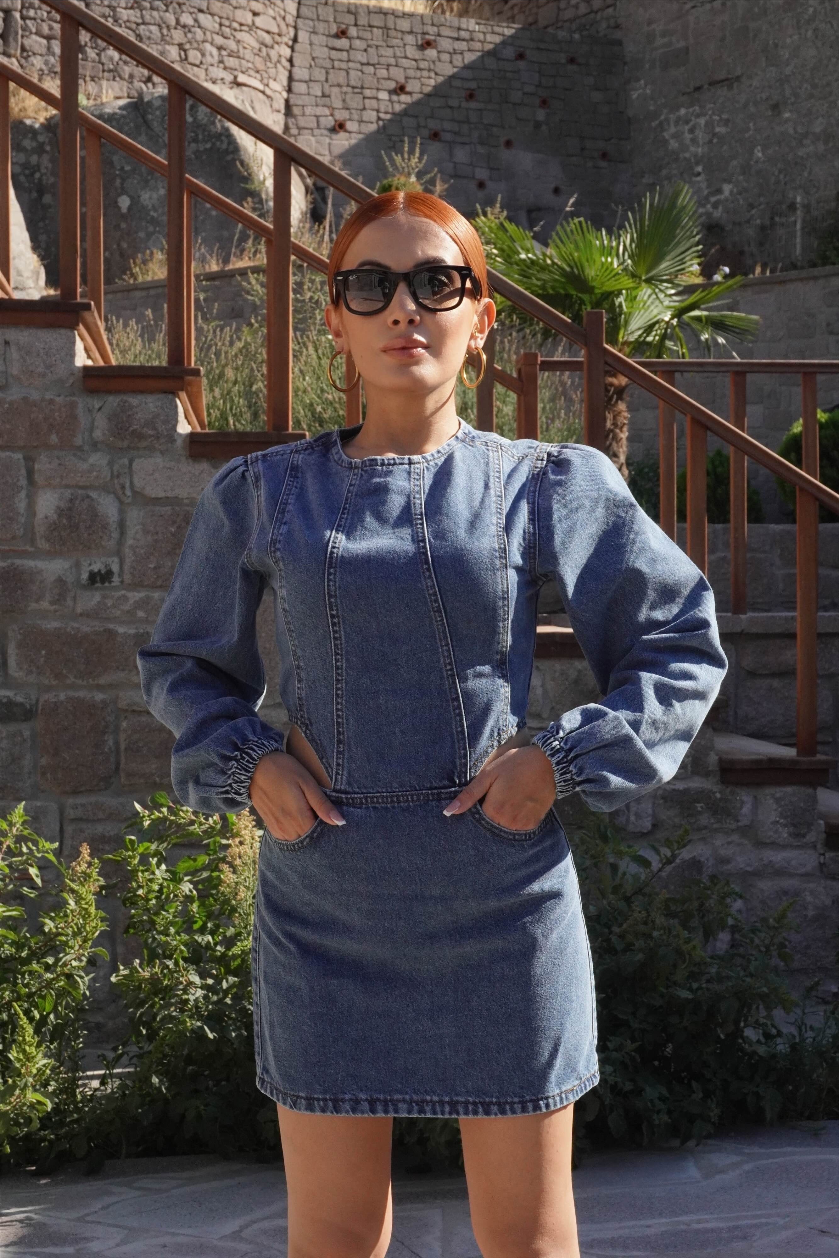 Pencere Detaylı Balon Kol Denim Elbise 