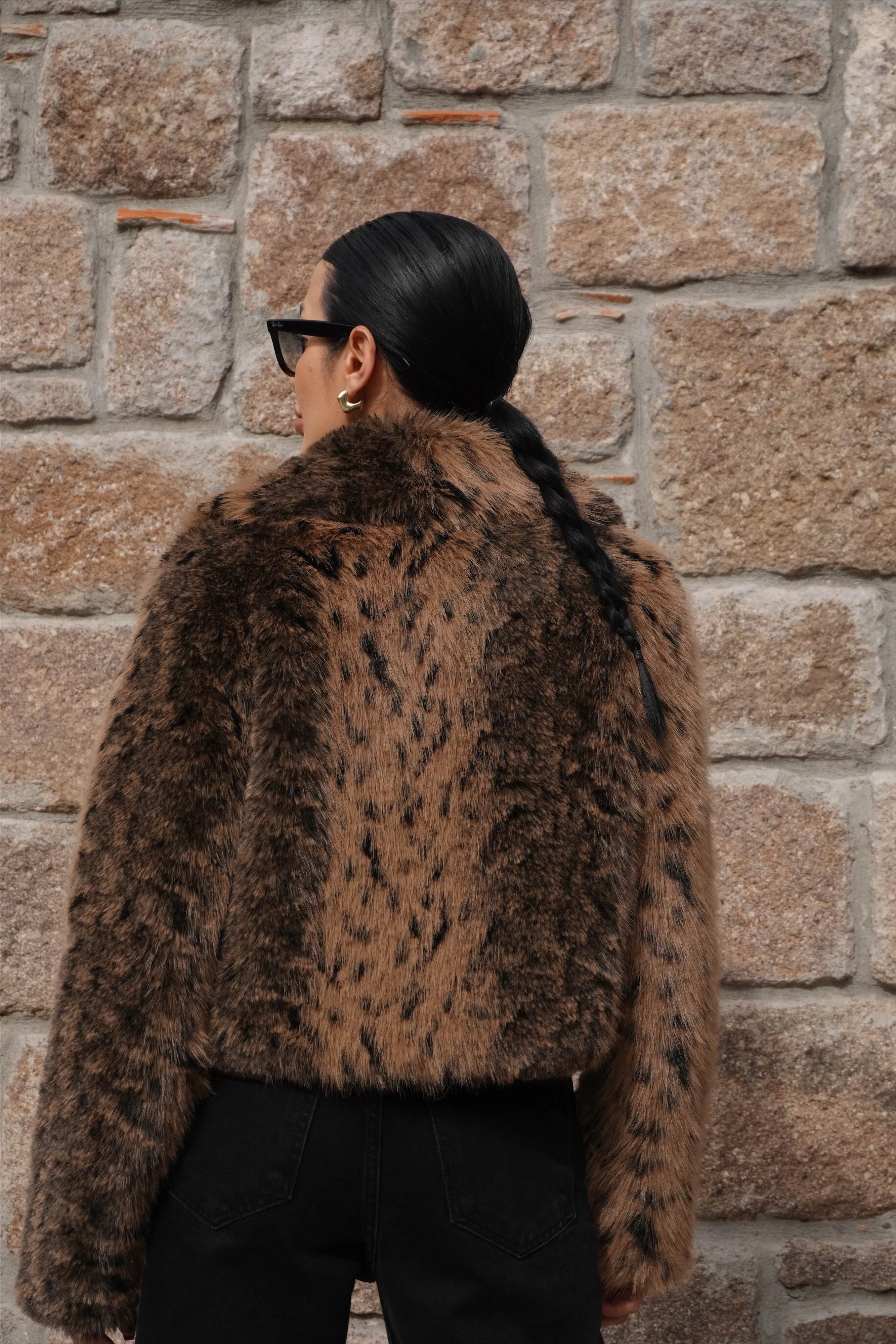 İthal Premium Deri Garnili Leopar Desen Bomber Kürk 