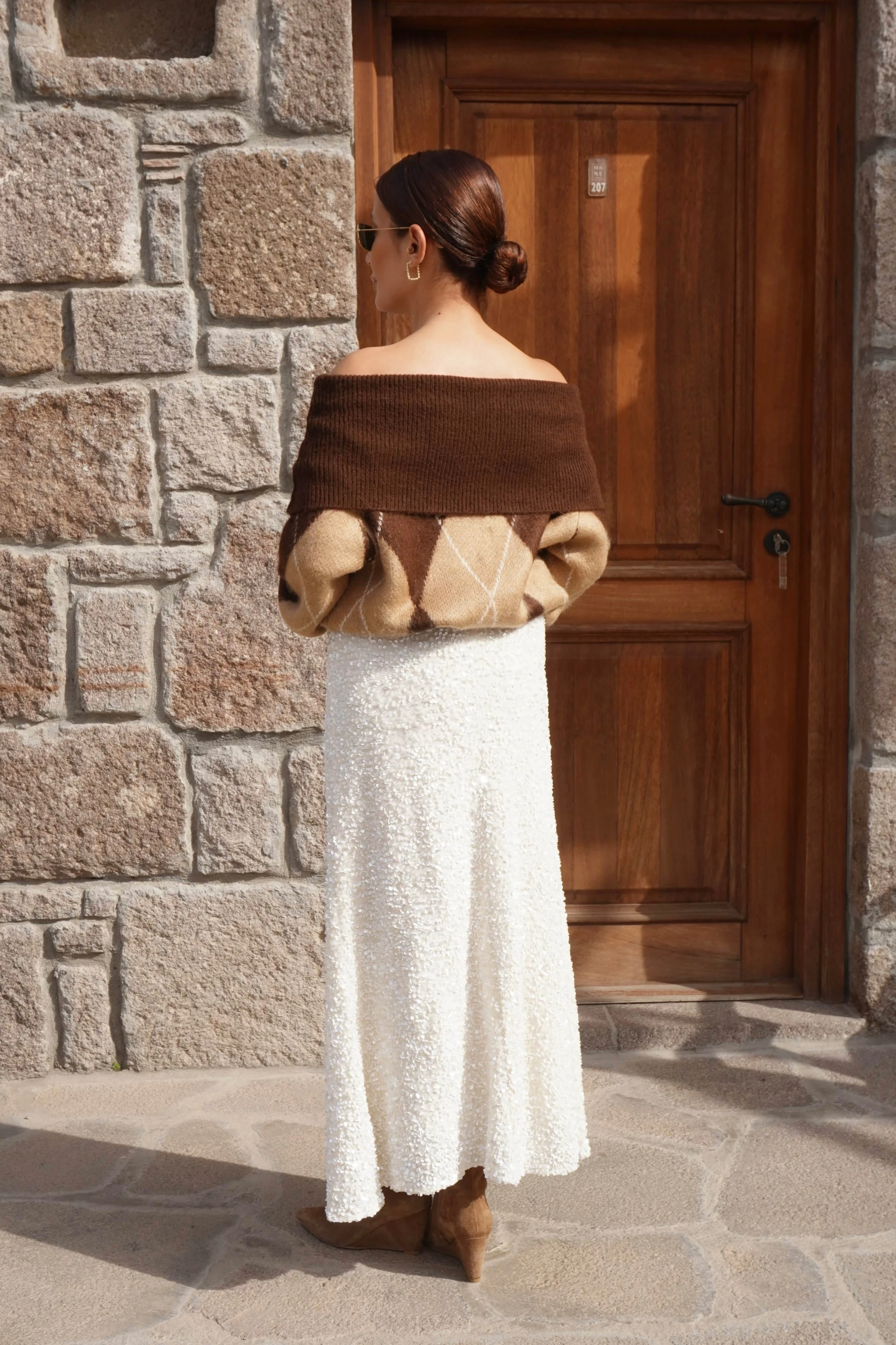 Beyaz Pullu Payetli Maxi Etek 