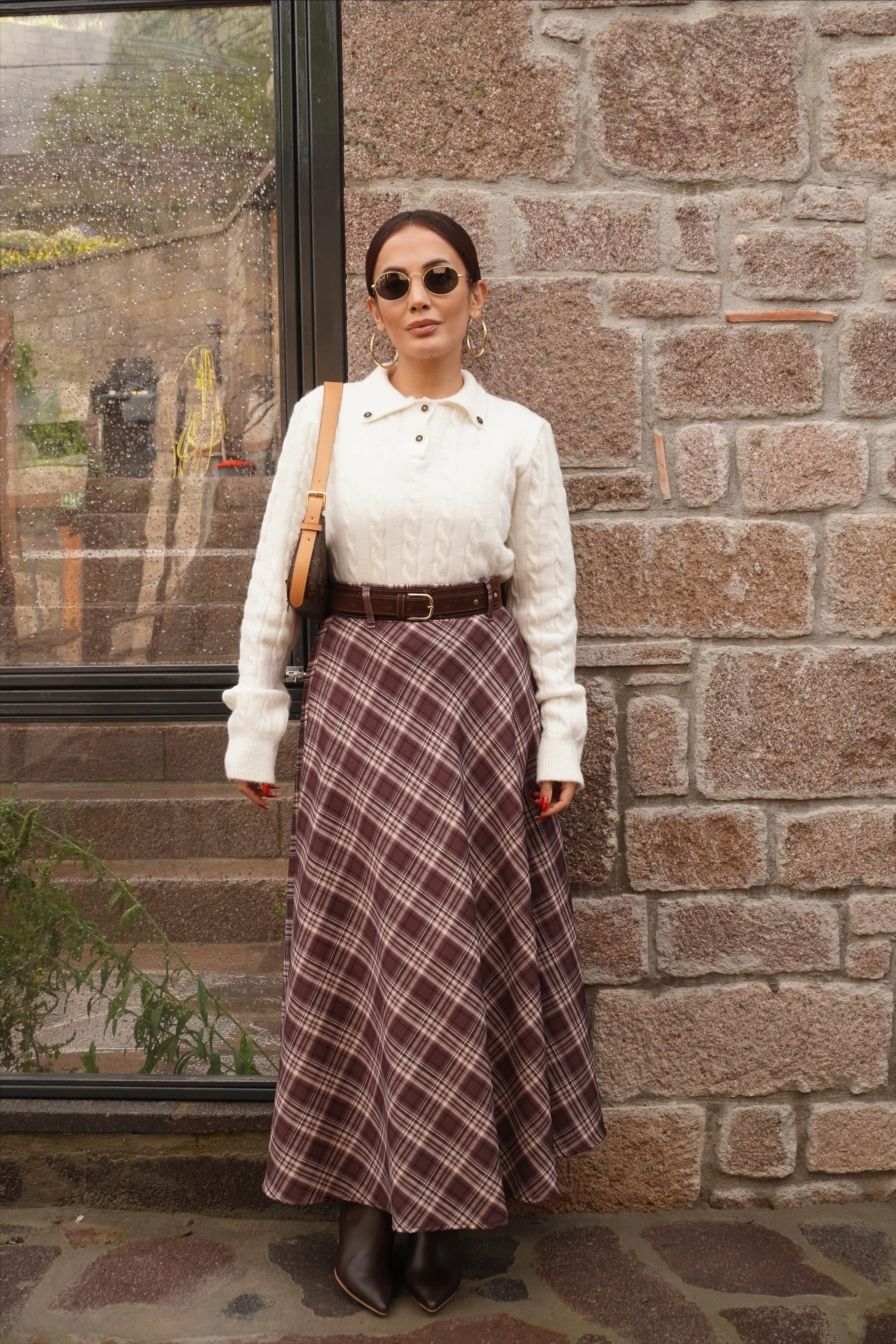 Kemer Aksesuarlı Ekose Etek