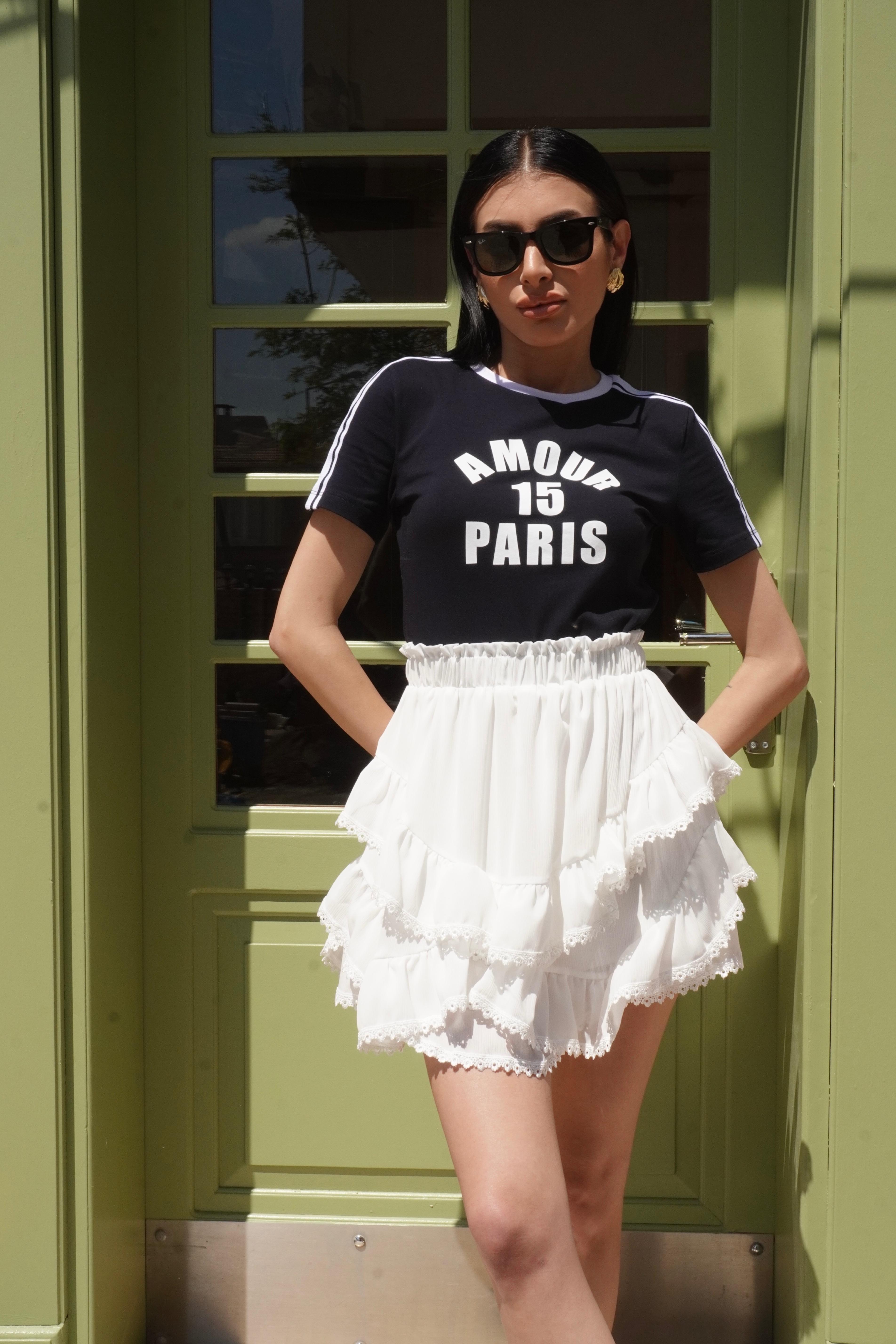 Şerit Detaylı Yazı Baskılı Paris Tişört