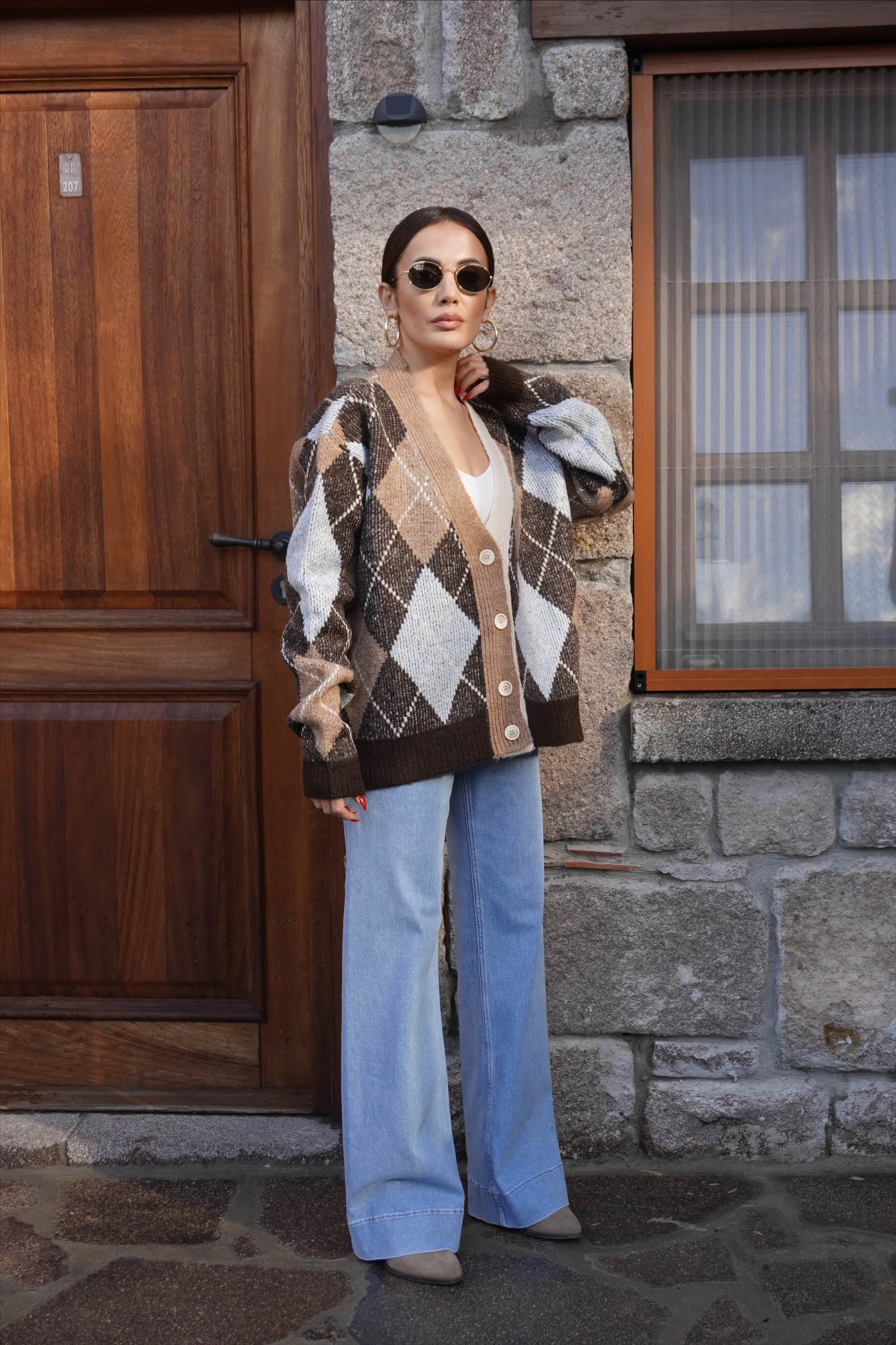 Baklava Desen Kahve Mavi Hırka