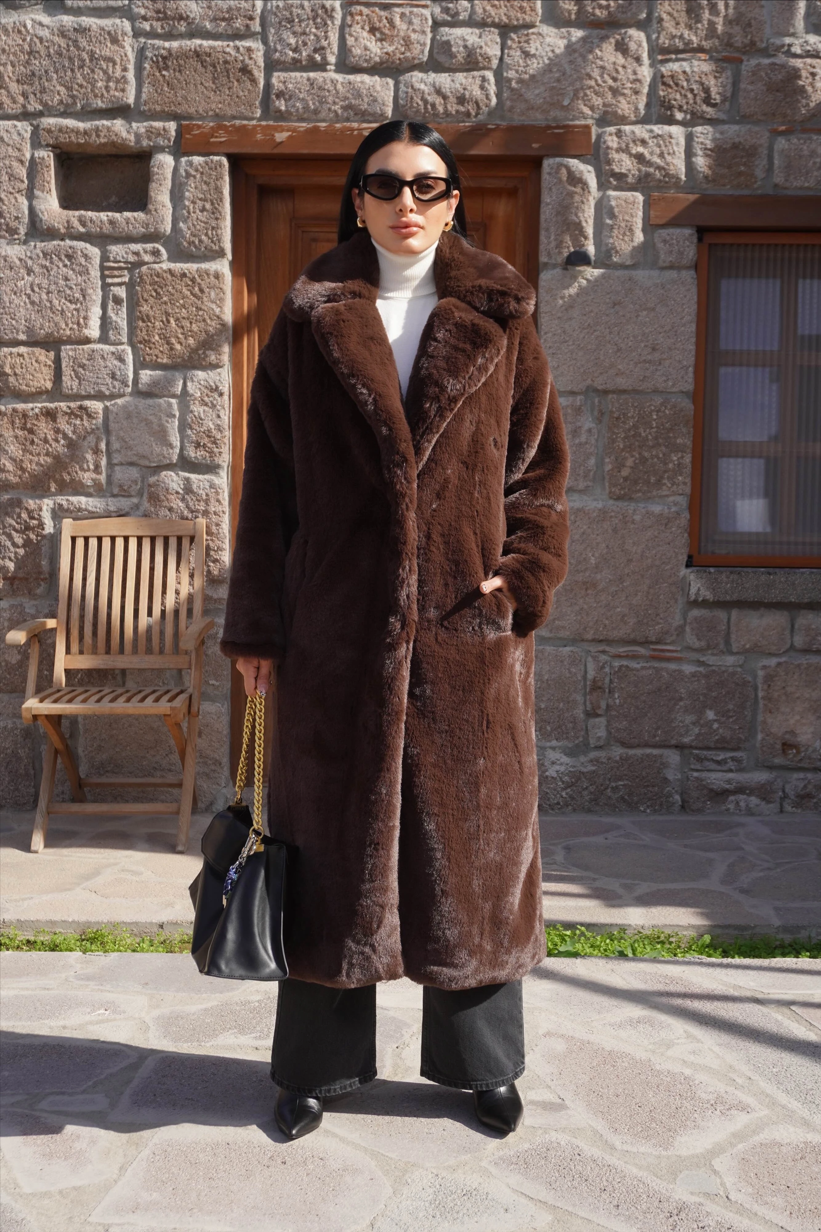 Premium Kahverengi Peluş Tam Boy Kürk Kaban 