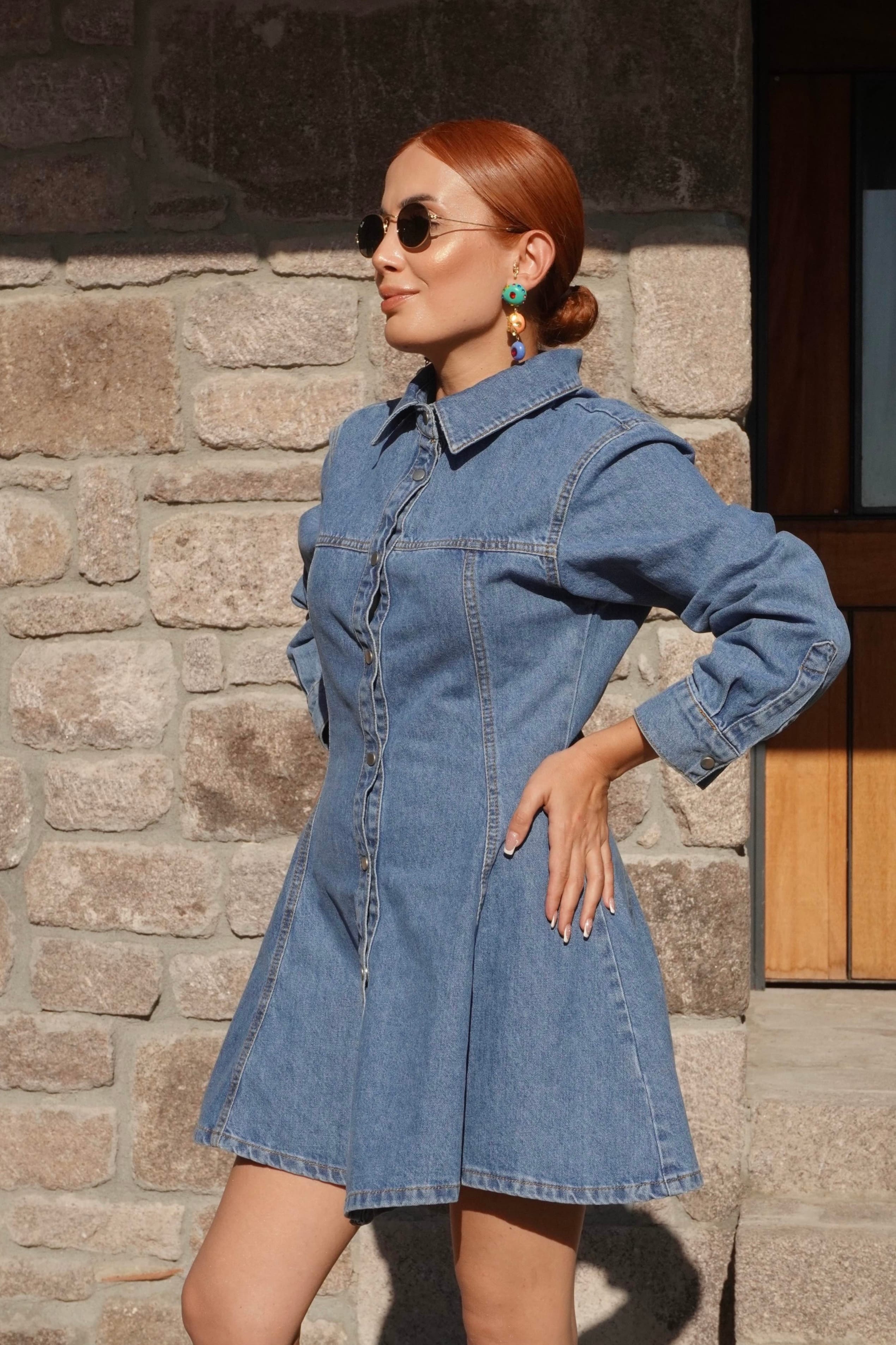 Belden Oturtmalı Mini Denim Elbise 