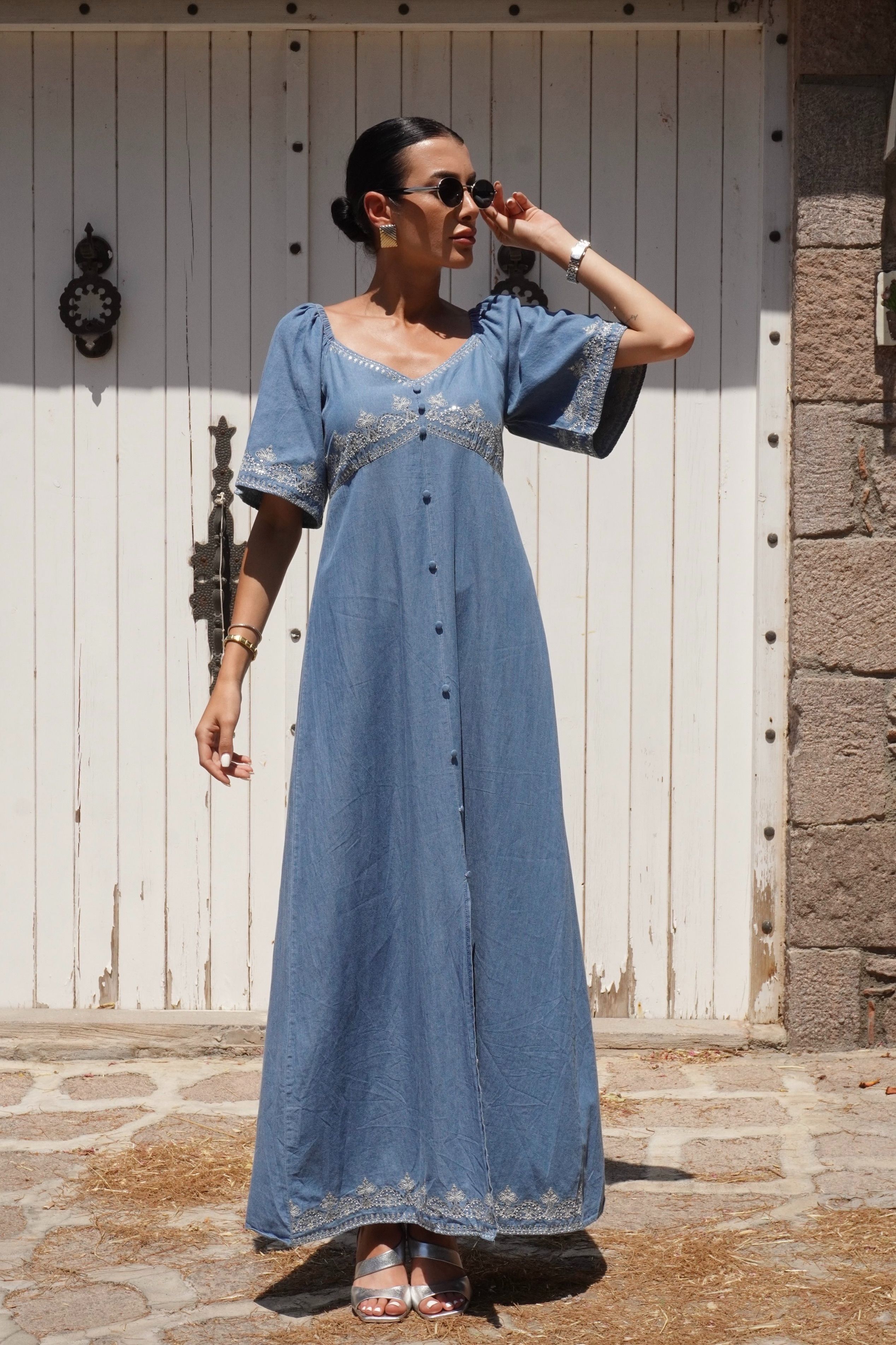 Premium Pull Boncuk Nakış Detaylı İnce Maxi Denim Elbise 