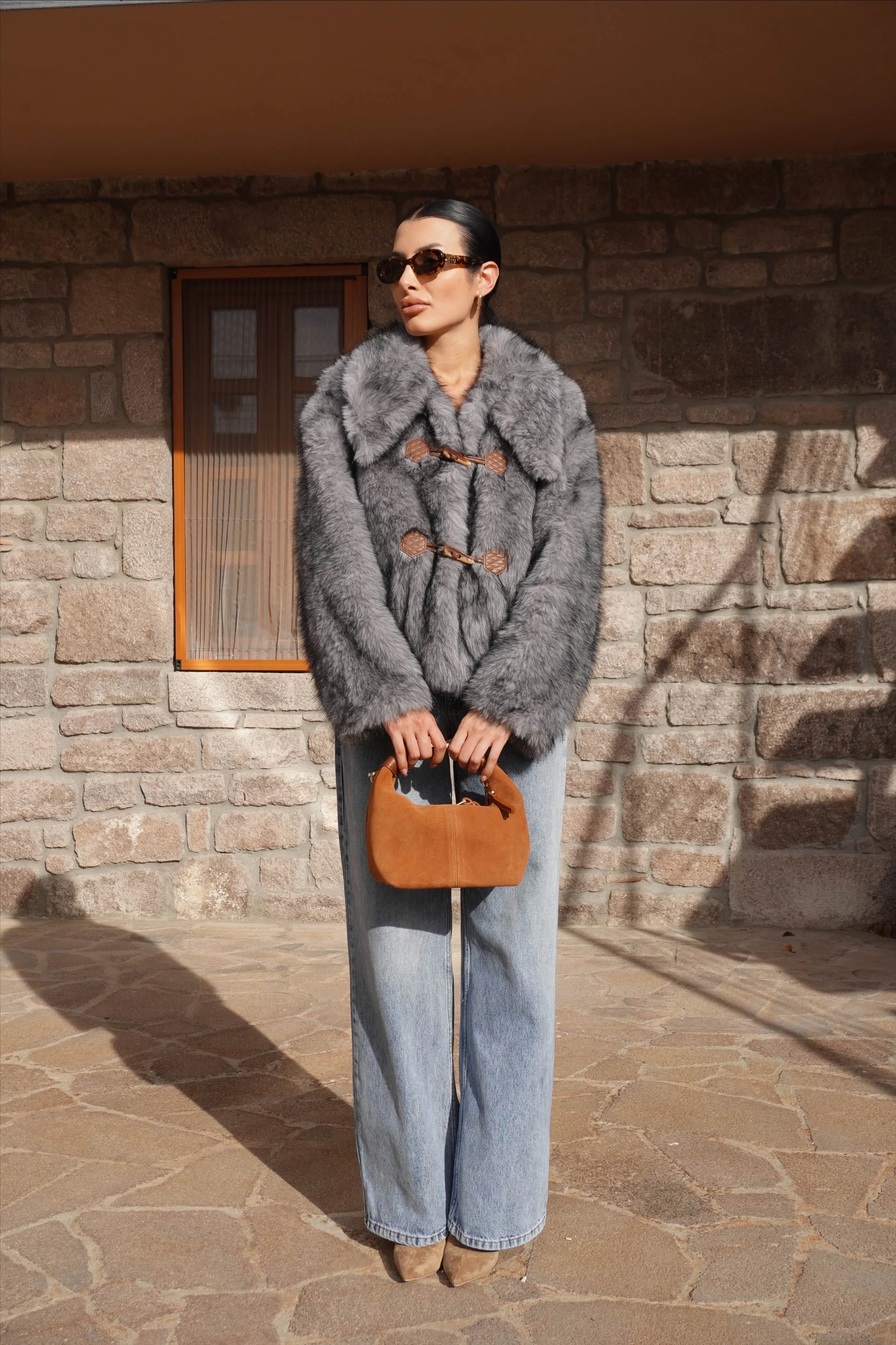 İthal Premium Gri Yaka Detaylı Kısa Kürk 