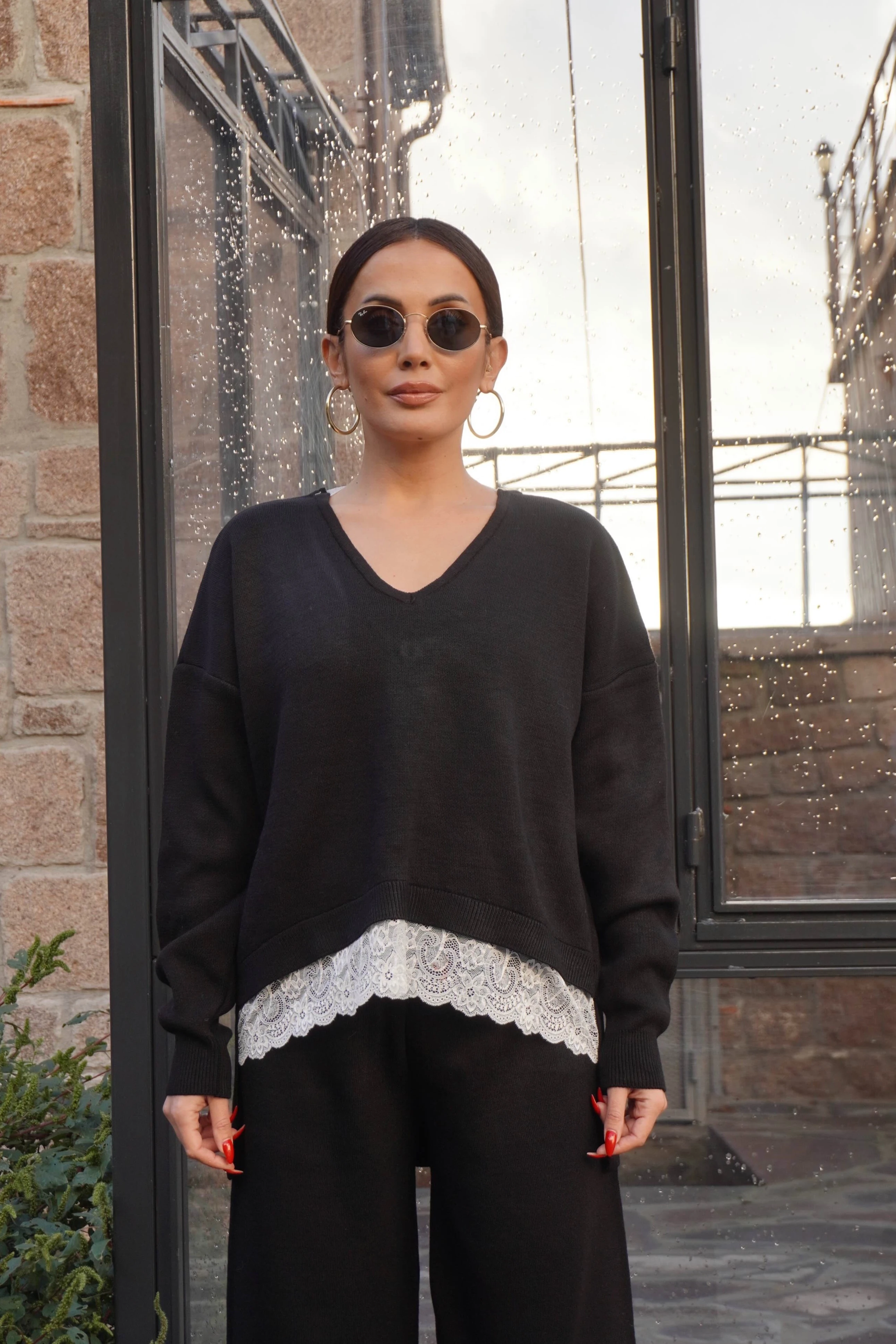 Dantel Detaylı Triko Kazak Pantolon