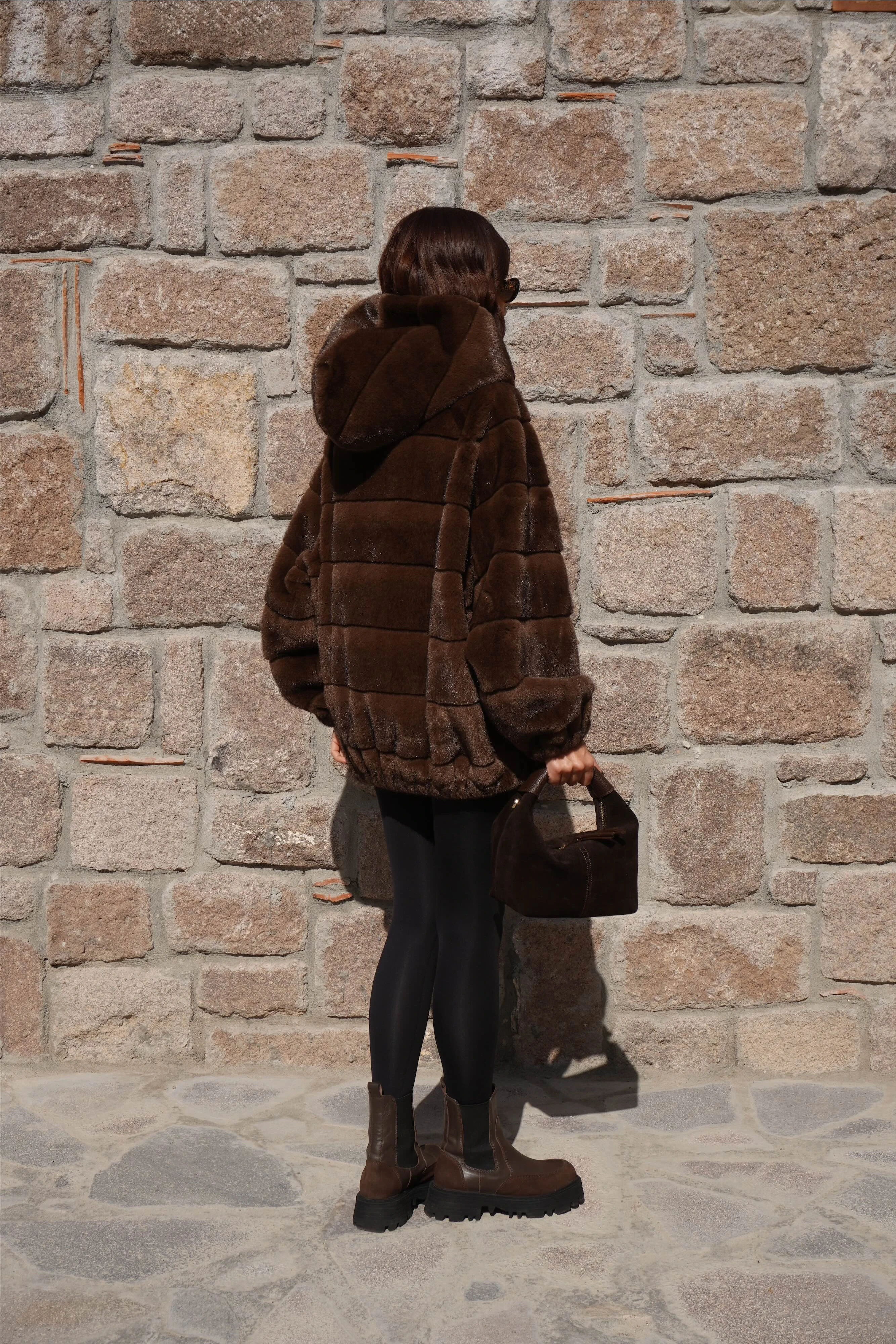 İthal Premium Oversize Kahverengi Kürk Mont